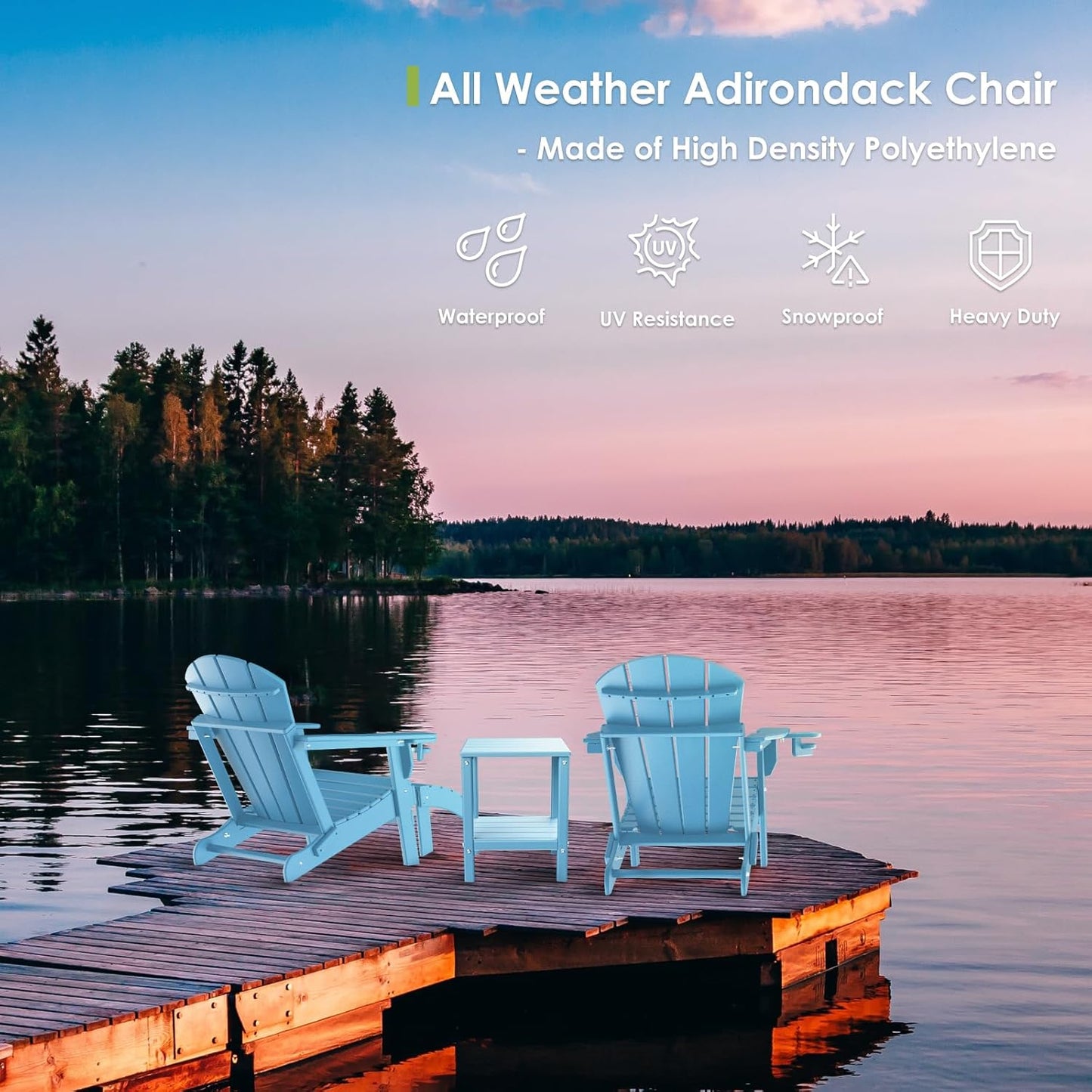 GREENVINES Folding-Adirondack-Chair | HDPE Plastic | Fire Pit Chairs | All Weather | Cup Holder | Arctic | for Deck Backyard Patio Outdoor Garden