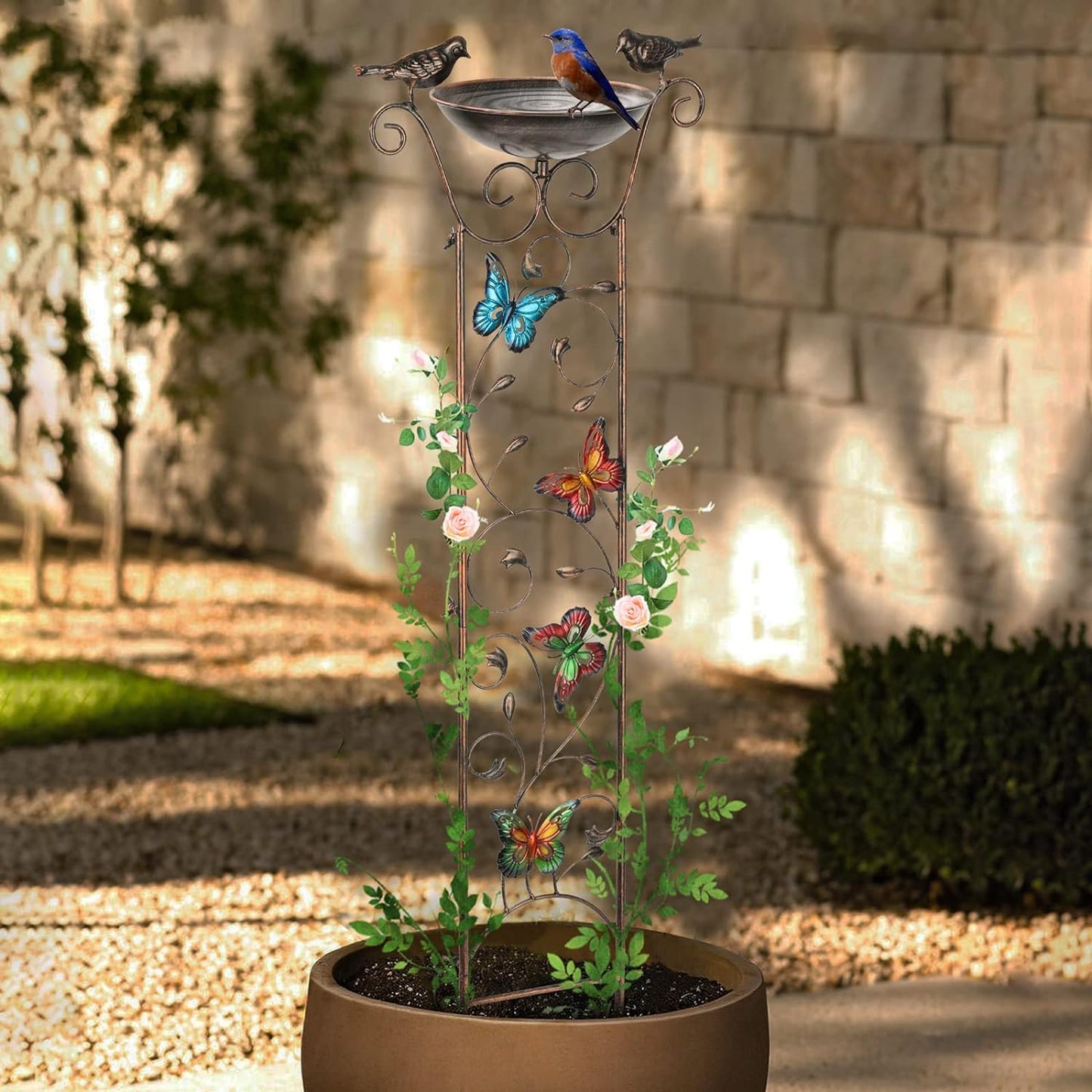 SUNNYPARK Bird Bath with Trellis Outdoor, Antique Garden Iron Trellis with Decorative Butterflies Detachable Bird Bowl Metal Potted Plants Support for Climbing Flowers