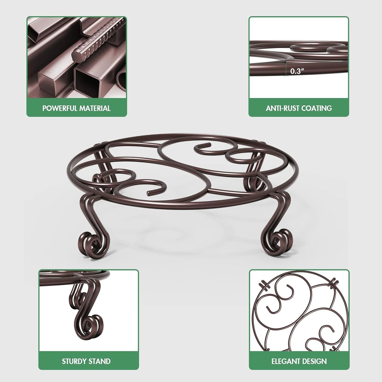 Yimobra 4 Pack Plant Stand for Flower Pot Heavy Duty Potted Holder Indoor Outdoor Metal Rustproof Iron Garden Container Round Supports Rack for Planter (4PC Brown 11.8 x 3.1IN)