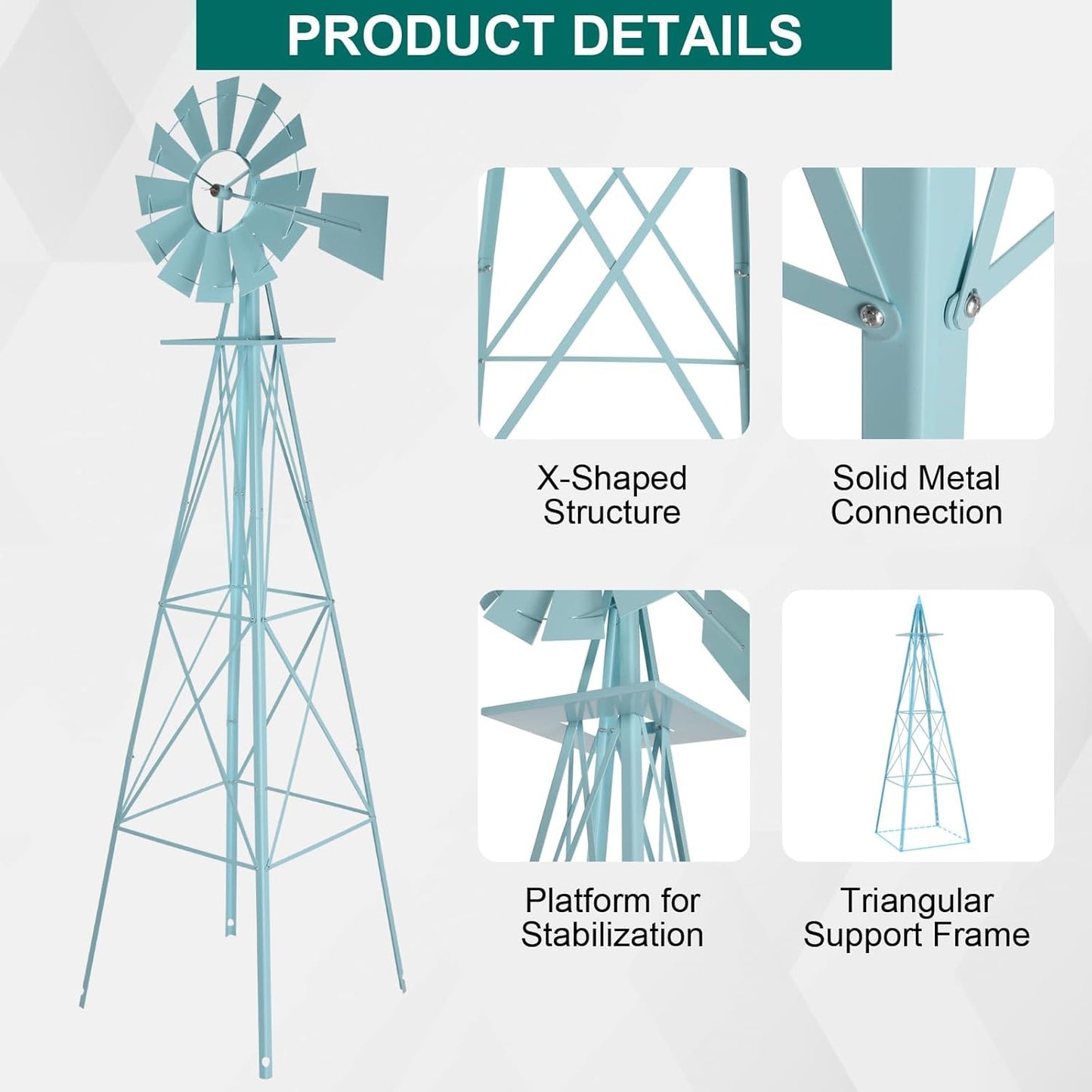 8FT Windmill for Yard Garden Decoration with Weather Vanes，Heavy Duty Outdoor Wind Mills, Large Metal Outdoor Windmill,Weather Resistant,Blue