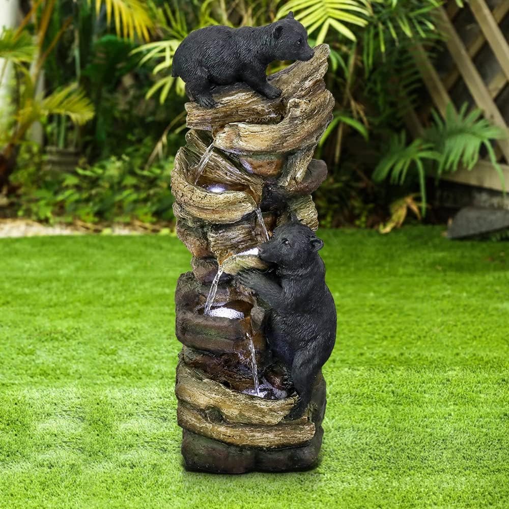39.3 Inch 5 Tier Outdoor Garden Water Fountain Bears Climbing Tree Resin Fountain with LED Lights for Garden Patio Folding Patio Deck (Brown)
