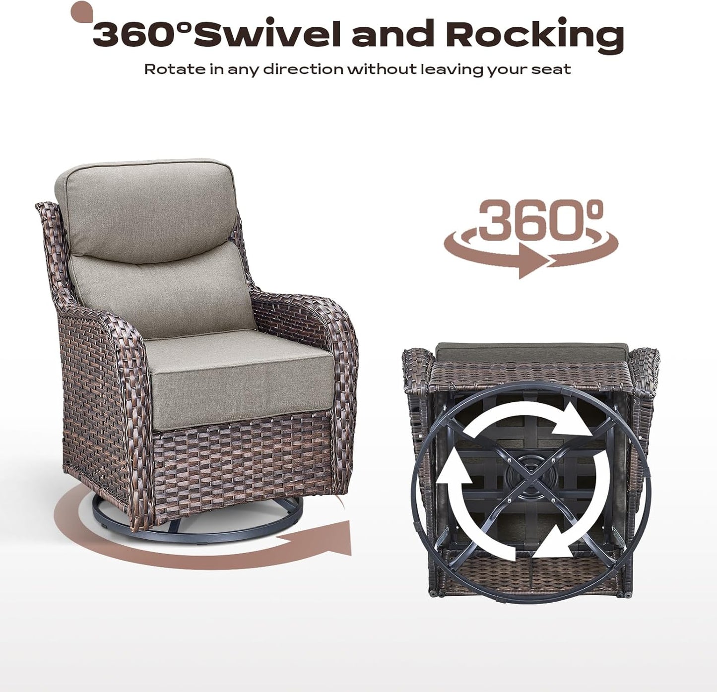 Wicker Outdoor Patio Furniture Set - 4 Piece Patio Conversation Set with Swivel Rocker Chairs and Ottomans, 6 inch Cushions, High Back, Deep Seating, for Porch Deck Garden Brown/Beige