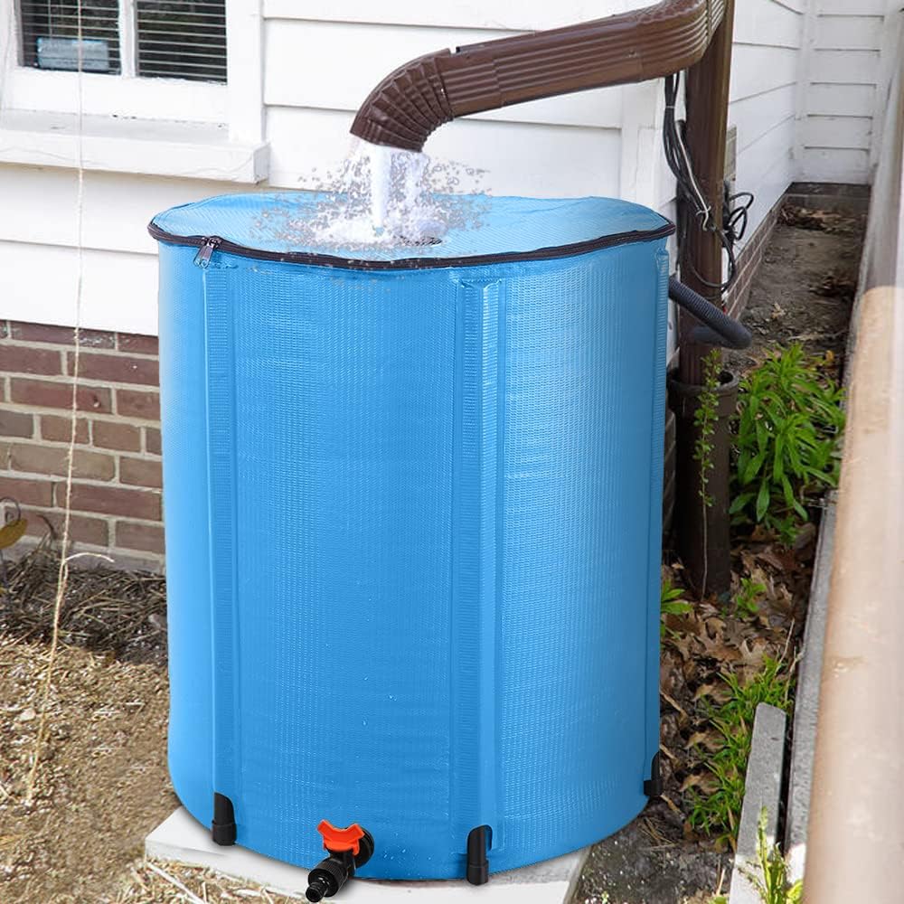 50 Gallon Collapsible Rain Barrel, Water Storage Tank, Portable Rainwater Collection System, Rain Catcher Barrel with Spigots and Overflow Kit, Rain Water Barrel Collector for Garden, Blue