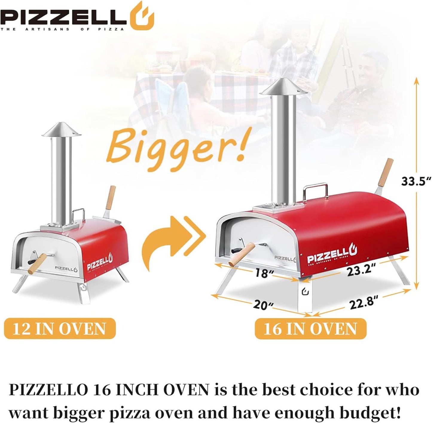 Outdoor Wood Fired Pellet Pizza Oven - 16" Stainless Steel with Carry Bag, Pizza Stone, Cutter, Peel - Red