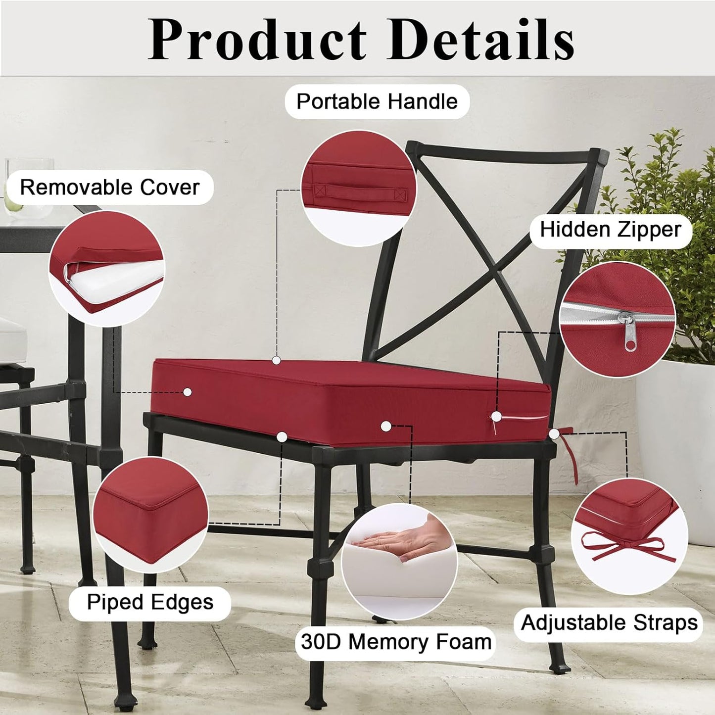 Outdoor Chair Cushions Set of 2 for Patio Furniture 24x24x4 Inch Waterproof Patio Chair Cushion 3 Year Color Fastness Square Elastic Foam Garden Couch Pads with Ties and Handle,Red