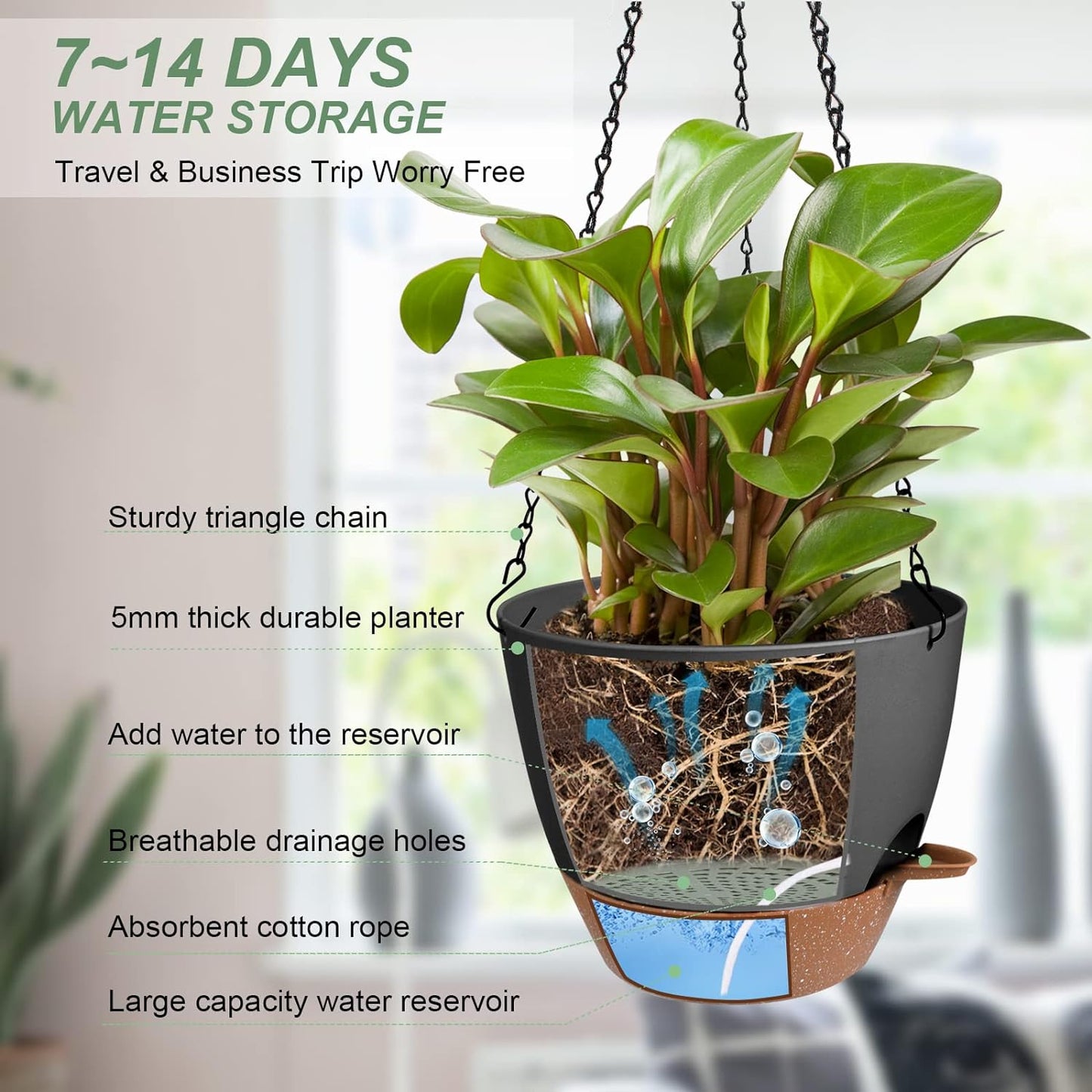 Hanging Planters for Indoor Outdoor Plants, 2 Pack Self Watering Hanging Pot with Drainage Holes & Removable Tray (Black, 10'')