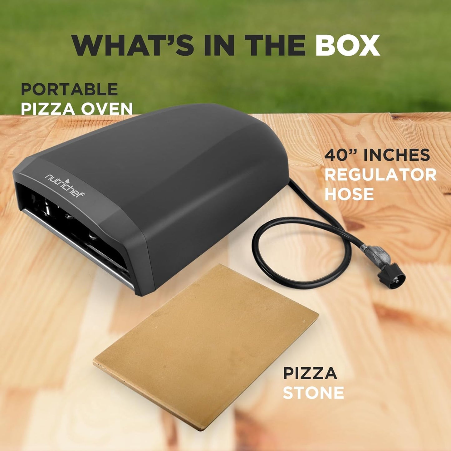 NutriChef Portable Outdoor Gas Pizza Oven - Includes Foldable Feet, Adjustable Heat Control Dial, Burner, Stone & Regulator Hose - Cooks 12" Pizza in 60 Seconds - 25.24'' x 16.14'' x 12.40'' IN