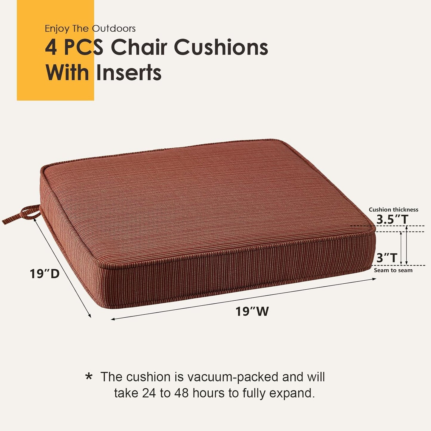 Outdoor Square Corner Seat Cushion, 19"x19"x3", Set of 4, Non Slip Seat Cushion Pads with Removable Cover for Patio Furniture, Garden Yard Lawn, Dark Yellow Tan Stripe
