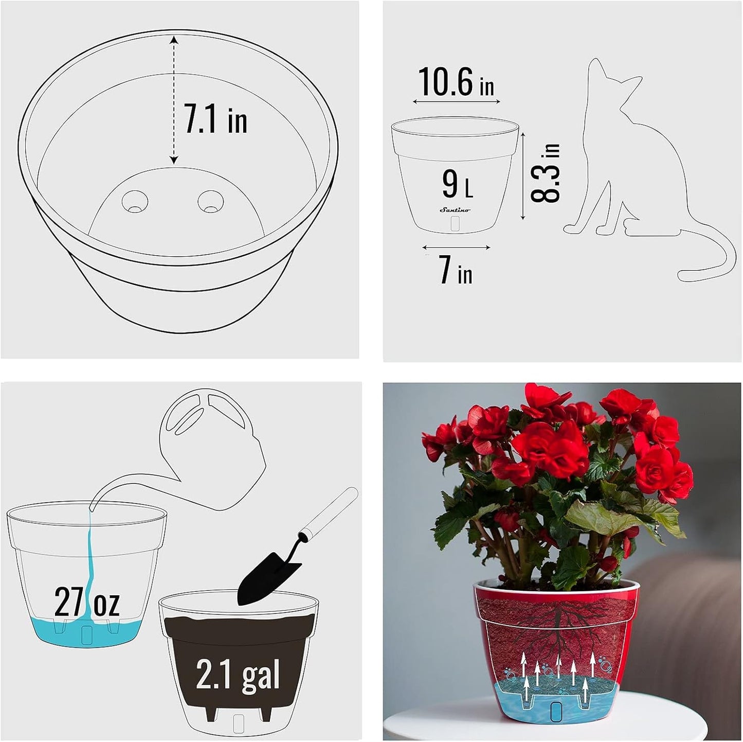 Santino ASTI 10.6 Inch Self Watering Planter RED-Pearl/White for Indoor Plants - Premium Quality Modern Plastic Pot w/Water Level Indicator for All House Herbs, Plants, African Violets and Dahlias