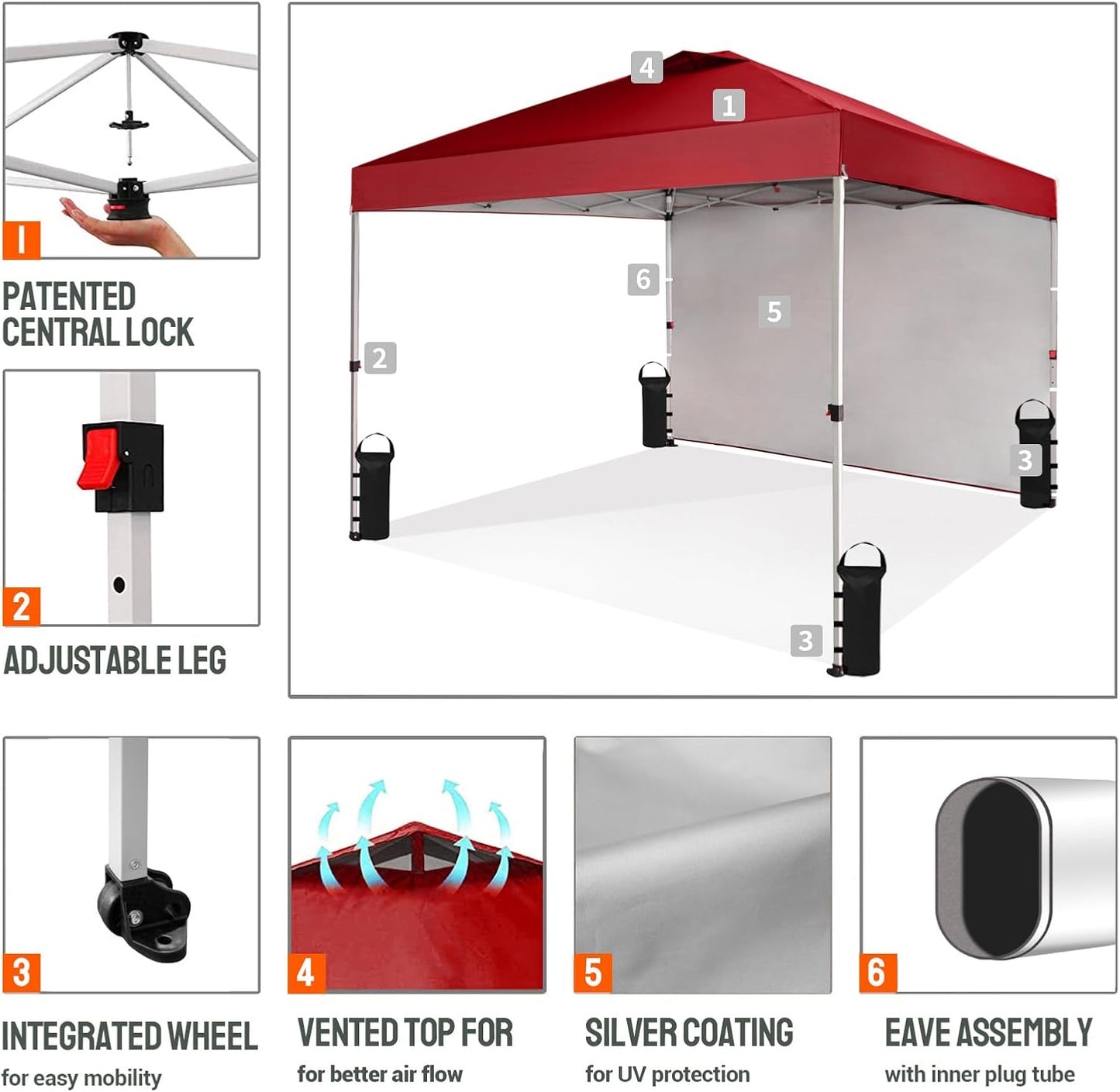 CROWN SHADES 10x10 Pop Up Canopy with 1 Side Wall - Beach Tent with One Push Setup - Outdoor Sun Shade for Events, Parties, Camping - Gazebo with STO-N-Go Cover Bag (Red)