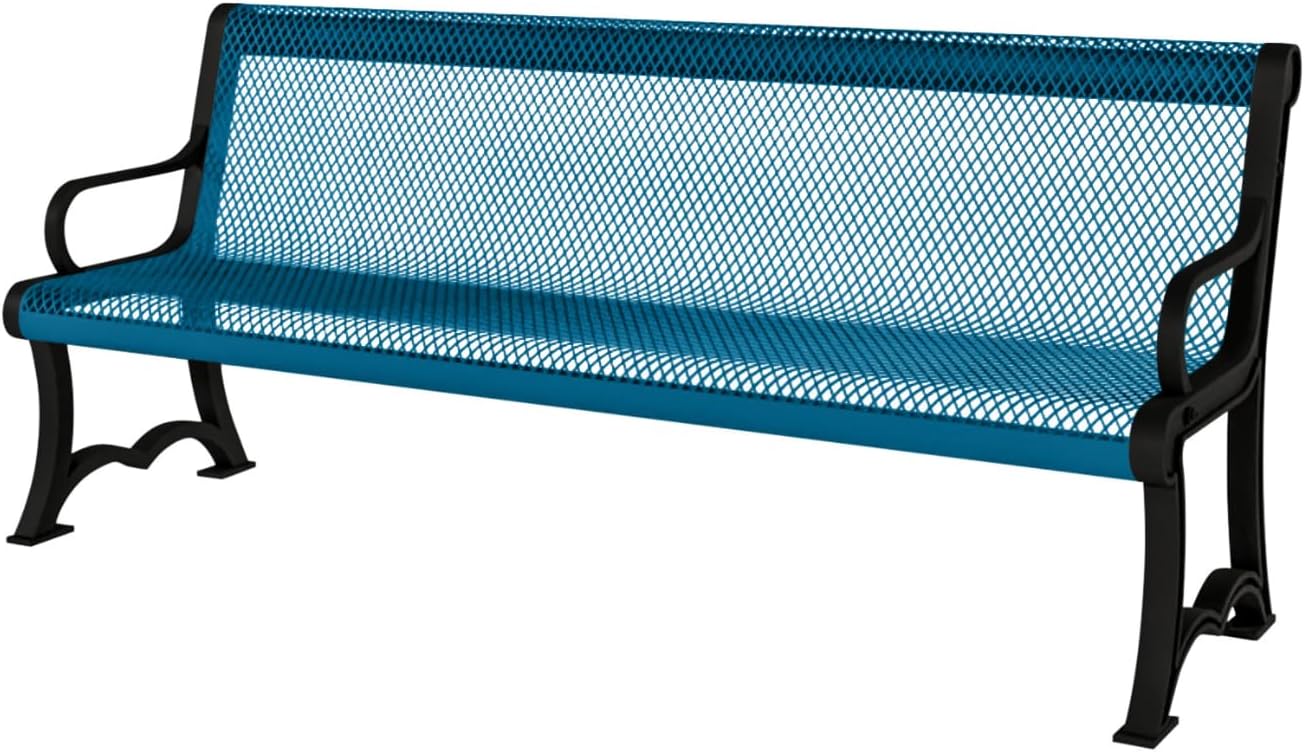 Coated Outdoor Furniture Heavy-Duty Outdoor Bench Thermoplastic Coated, Expanded Metal, Commercial-Grade Garden Bench, Made in America (Portable with Back, 4 Ft, Light Blue)