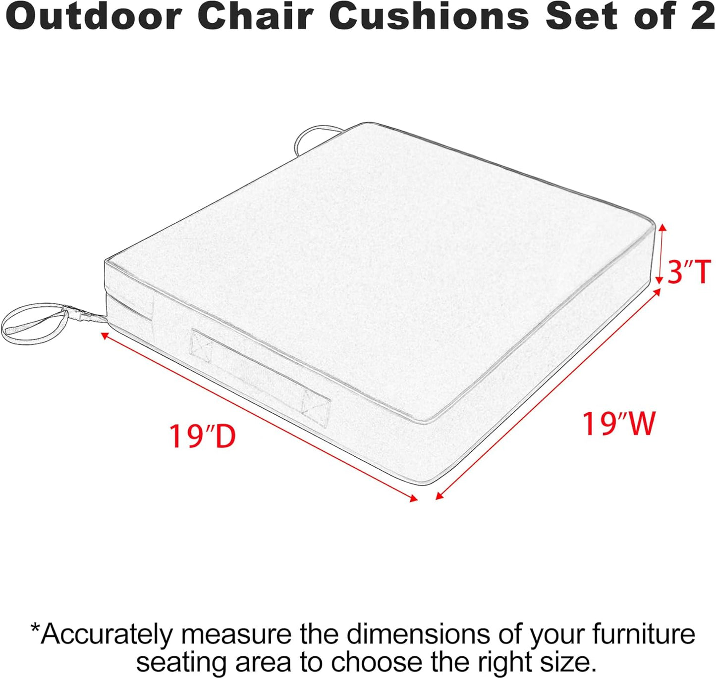 Favoyard Patio Chair Cushions 19 x 19 x 3 Inch Waterproof Outdoor Seat Cushions for Patio Furniture 3-Year Color Fastness Garden Sofa Couch Chair Pads with Handle & Adjustable Straps Set of 2, Grey