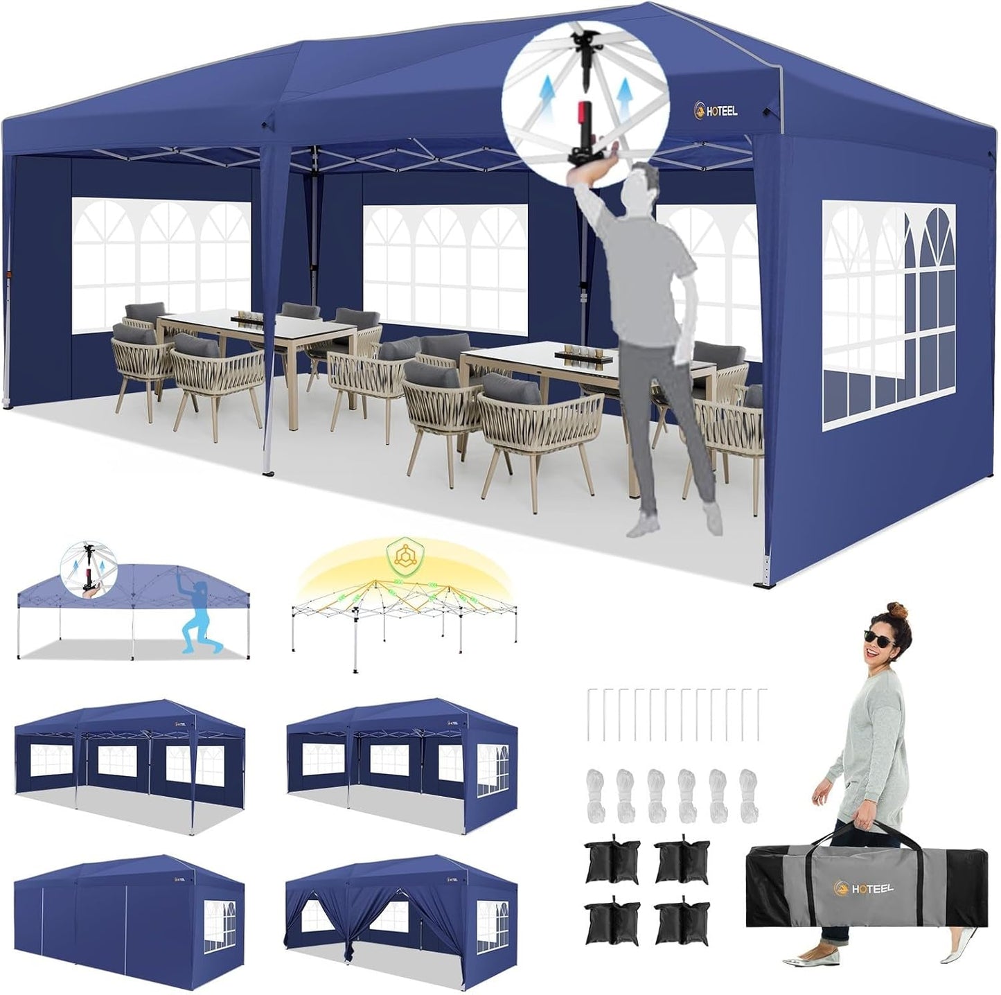 HOTEEL 10x20 Pop up Canopy with Sidewalls, One Push Outdoor Tents for Parties Waterproof Canopy Tent with Center Lock, Reinforce Rod,Easy Setup Event Tent with Sandbag for Backyard,Camping,Market,Navy