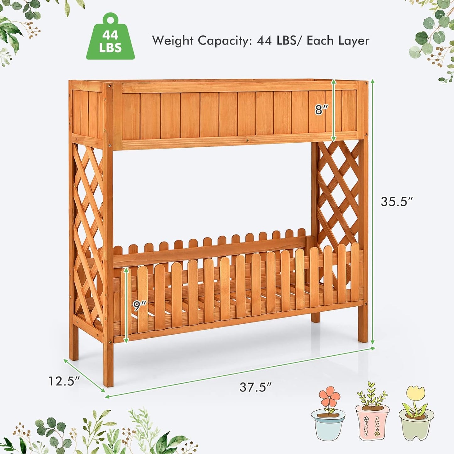 S AFSTAR 2-Tier Raised Garden Bed, Indoor Outdoor Flower Bed with Bottom Shelf Fence, 35.5” H Wood Elevated Planter Box for Vegetable Flower Herb Succulent, Ideal for Patio Balcony Backyard