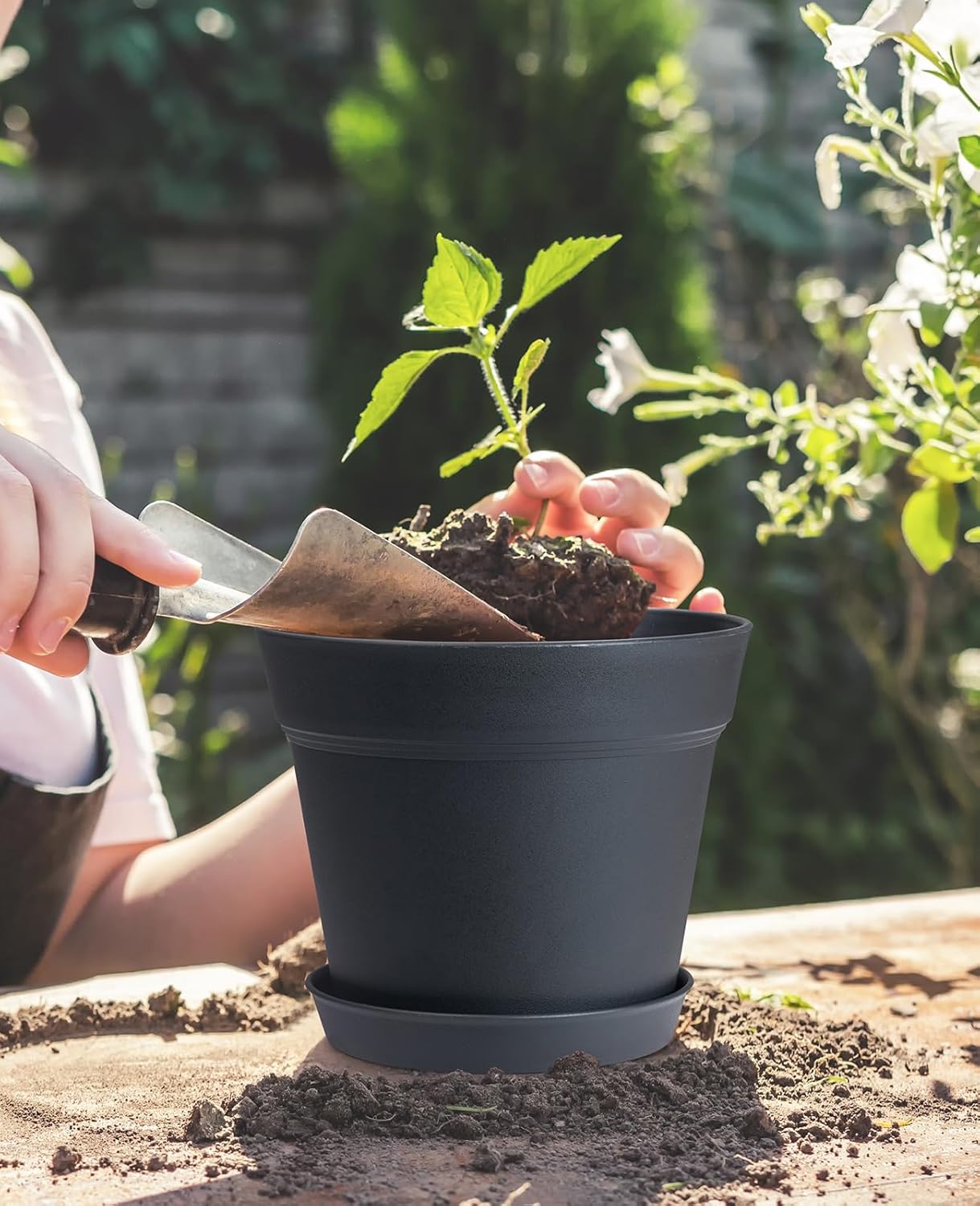 homenote Pots for Plants, 8 Pcs 7.5 Inch Plastic Planters with Multiple Drainage Holes and Tray - Plant Pots for All Home Garden Flowers Succulents, Matte Black