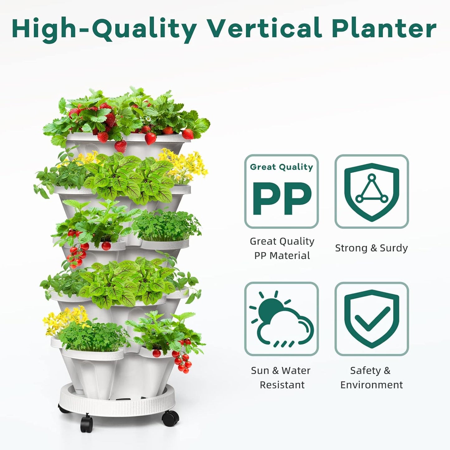 Strawberry Vertical Planter, Stacking Garden Tower, 3 Tiered Stackable Herb Vegetable Planters with Movable Casters and Bottom Saucer Indoor and Outdoor - Black