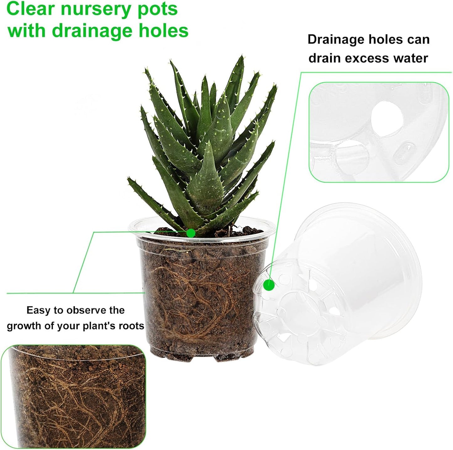 JERIA 50 Pack 3.5/4/5/6/7 Inch Clear Nursery Pots with Drainage Holes, Clear Plant Pot for Planting, Transparent Plastic Plant Pots,Durable Seed Starting Pot for Succulents