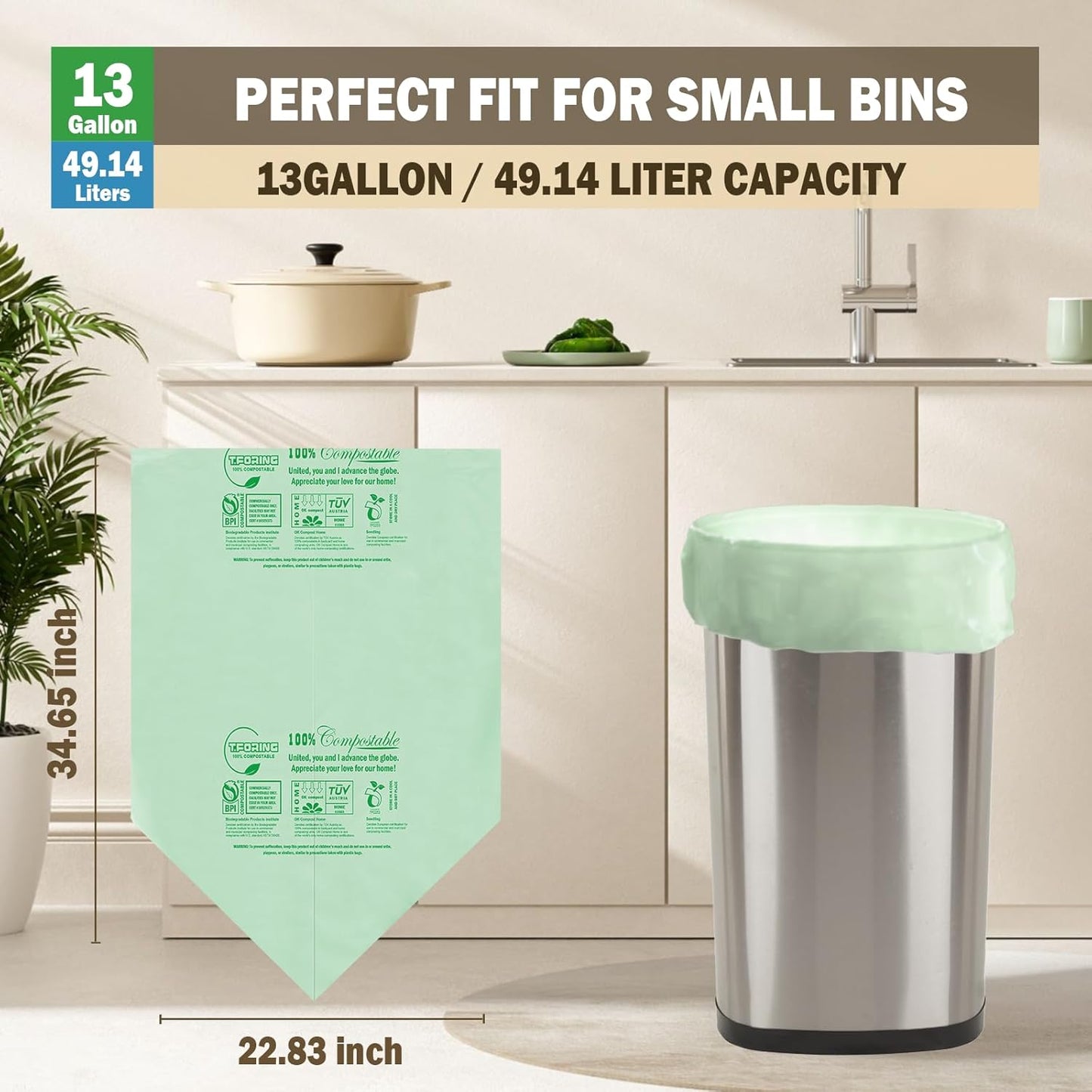 Tall Kitchen Compost Bags 13 Gallon, 49.5 Liter, 0.9 Mil,45 Count Compostable Trash Bags, Food Scrap Waste Bags, ASTM D6400, US BPI, CMA and Europe OK Compost Home Certified