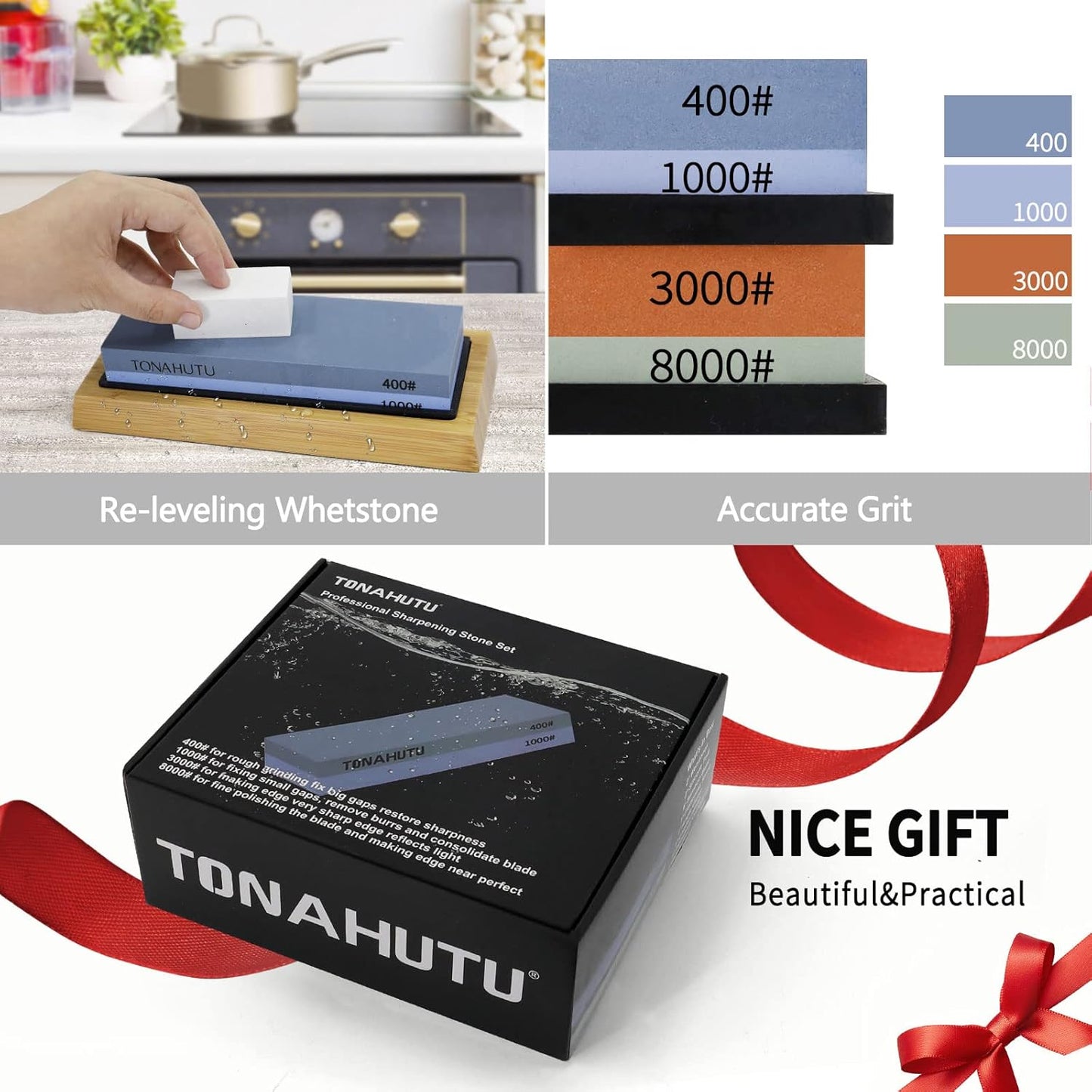 Knife Sharpening Stone Set, Professional 4 Side Grit 400/1000 3000/8000 Premium Whetstone Knife Sharpener with 150/320 Flattening Stones, Leather Strop, Polishing Combination & Angle Guide
