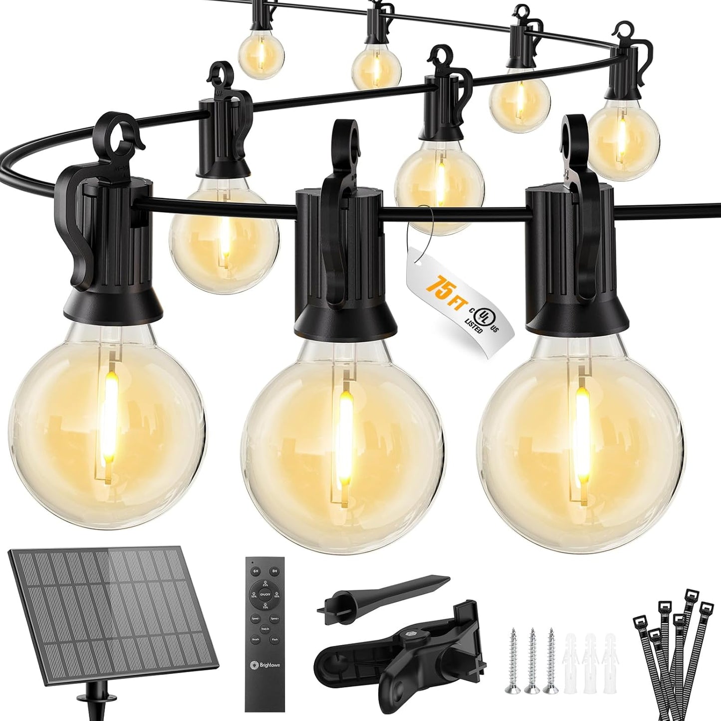Brightown 75FT Solar String Lights Outdoor with Remote and 36 LED Shatterproof Bulbs, Dimmable & Timable, 3 Light Modes, Solar Patio String Lights Outdoor for Cafe, Garden, Deck, Outside Wedding