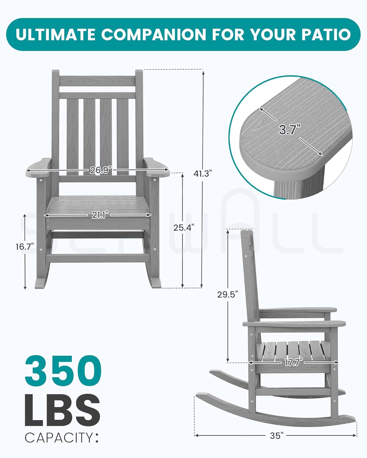 SERWALL Oversized Outdoor Rocking Chair Set of 2, HDPE Rocker for Adults, Patio Rocking Chairs for Porch, Sliver Gray