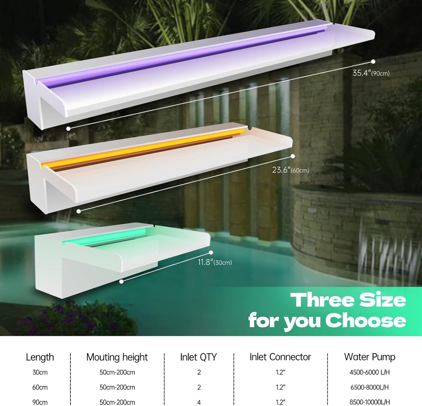 Pond Waterfall Spillway, APP Control Multi-Color LED Light Outdoor Pool Fountain, Acrylic Water Spillway Koi Fountains Kit for Garden Patio Swimming Pool Decoration - 11.8"x7.8"x3.9"