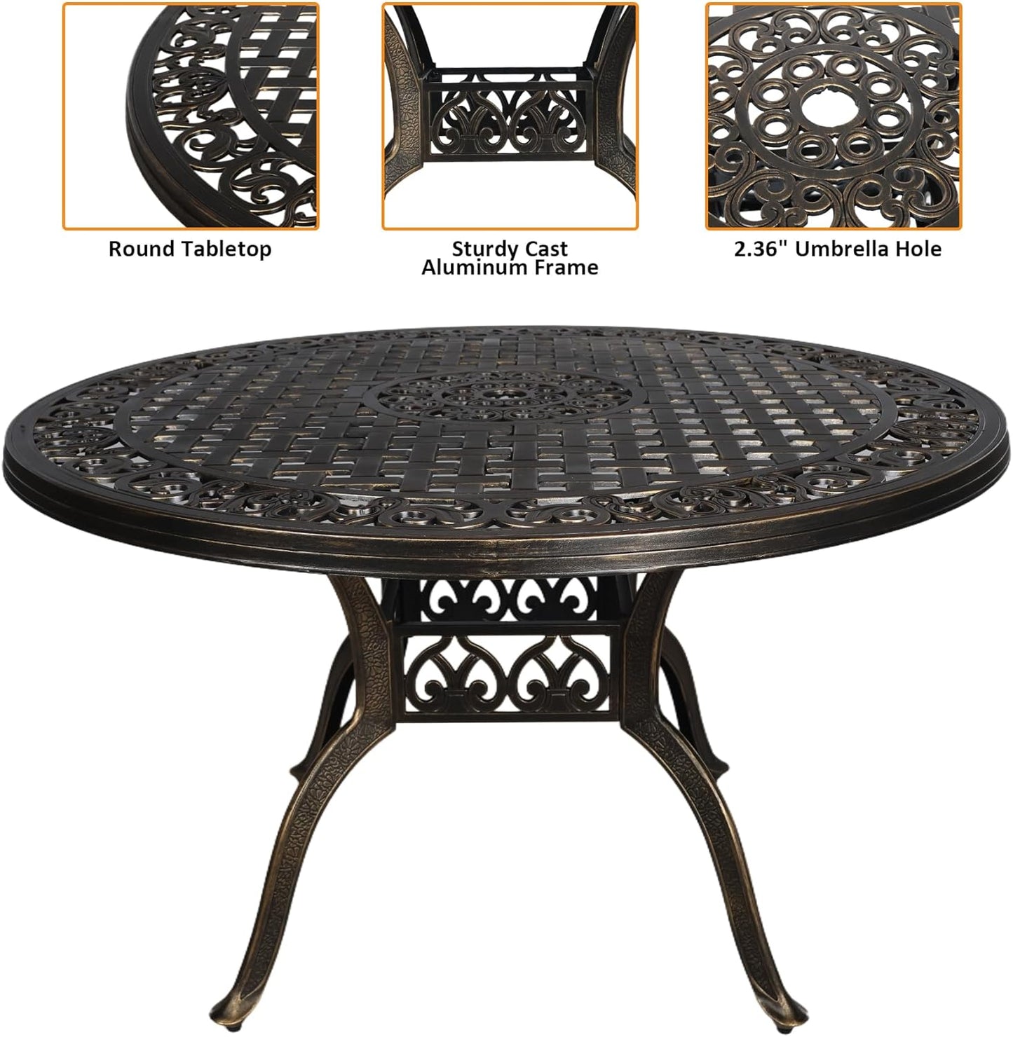 5 Piece Modern Outdoor Dining Set for 4, Bronze Aluminum Patio Table and Chairs, 48" Round Table with Umbrella Hole, Weather Resistant