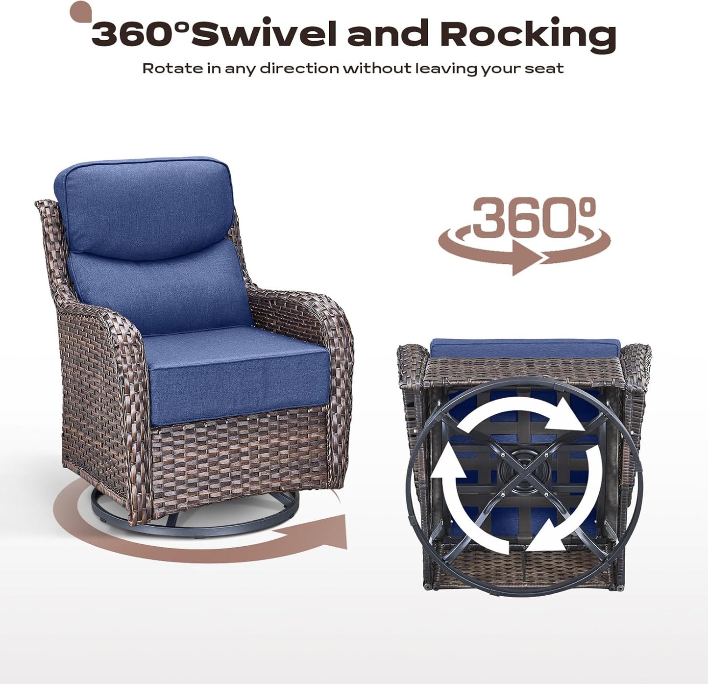 Wicker Outdoor Patio Furniture Set - 8 Piece Patio Conversation Sets with Swivel Rocker Chairs, Ottomans, Sofa and Table, 6 inch Cushions, Deep Seating, for Porch Deck Brown/Blue