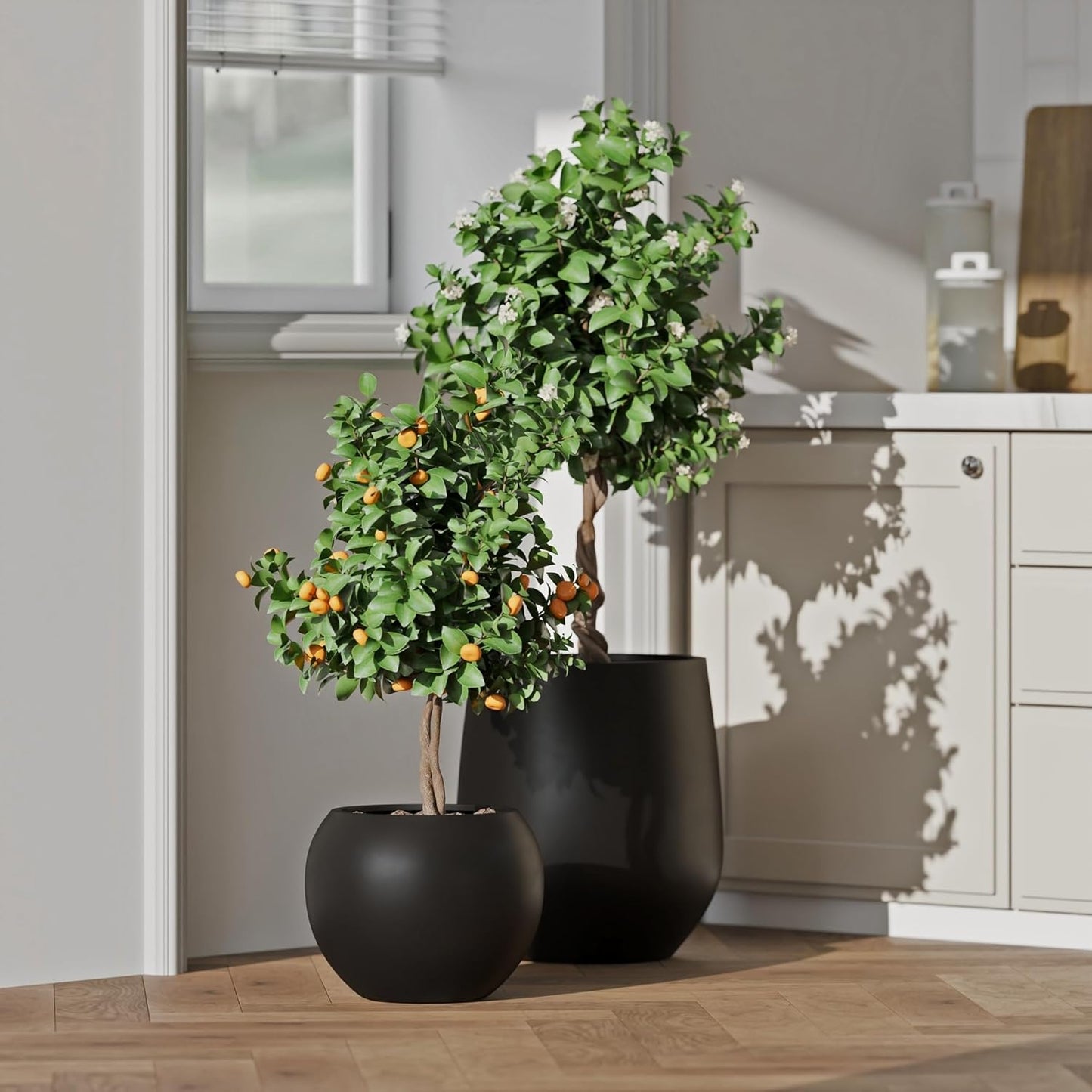 DTY Signature Mount Sherman Lightweight Durable Modern Fiberstone Sphere Planter for Indoor & Outdoor Drainage Hole & Rubber Plug Weather Resistant, 13.5" H x 17" Dia, 12" Opening- Medium, Black