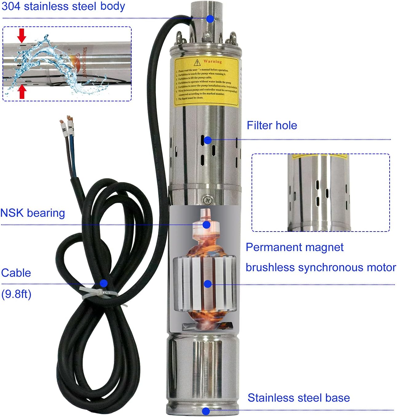 Pump 500W DC 48V Solar Water Pumps, Max head 393ft,7.9GPM Flow，3 inch Solar deep well submersible Pumps with MPPT controller float switch kits for home or farm