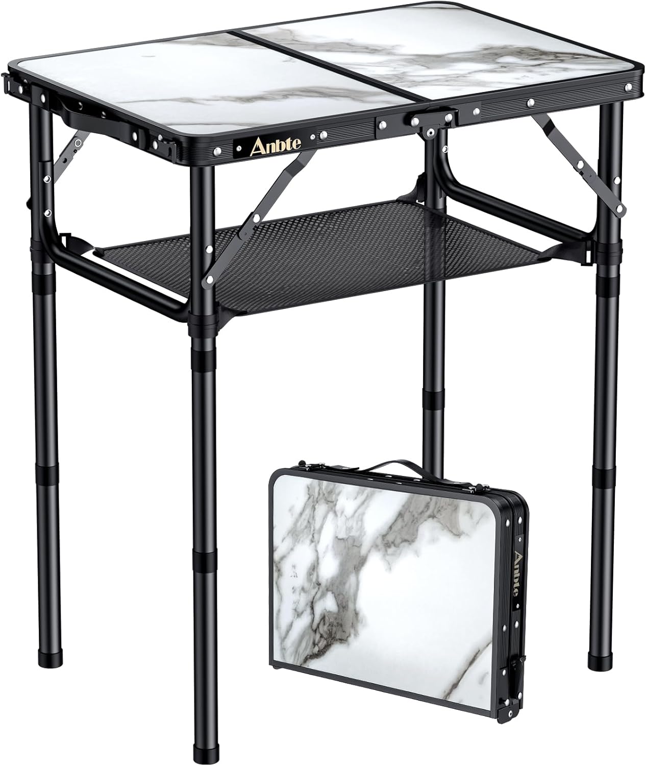 Folding Camping Table with Storage Net, 3 Adjustable Height Max 27.5" Aluminum Small Folding Table, Portable Table with Carry Handle, Lightweight, for Outdoor Indoor Travel Camping Picnic