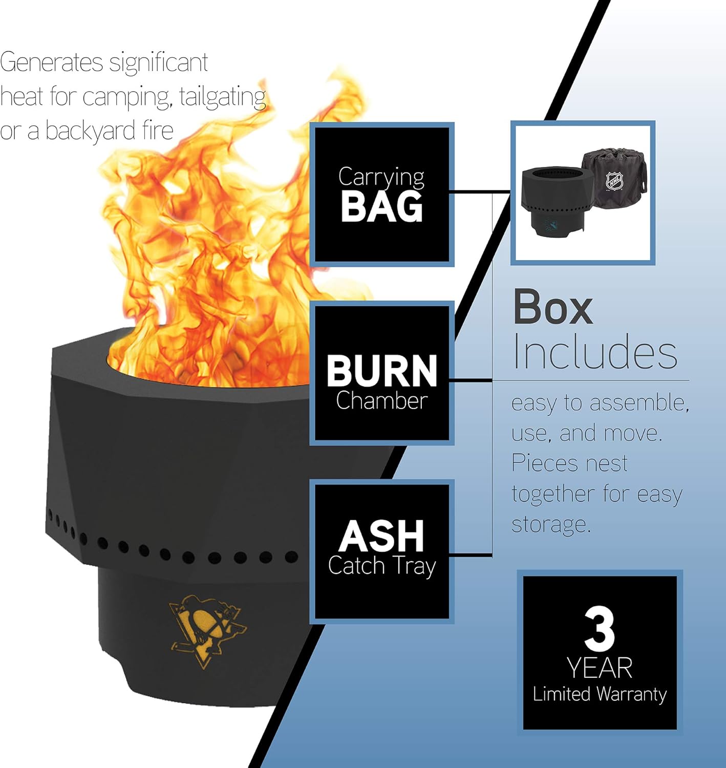 Blue Sky Outdoor Living NHL Columbus Blue Jackets Ridge Portable Steel Smokeless Fire Pit with Carrying Bag, Firewood and/or Wood Pellet Burning