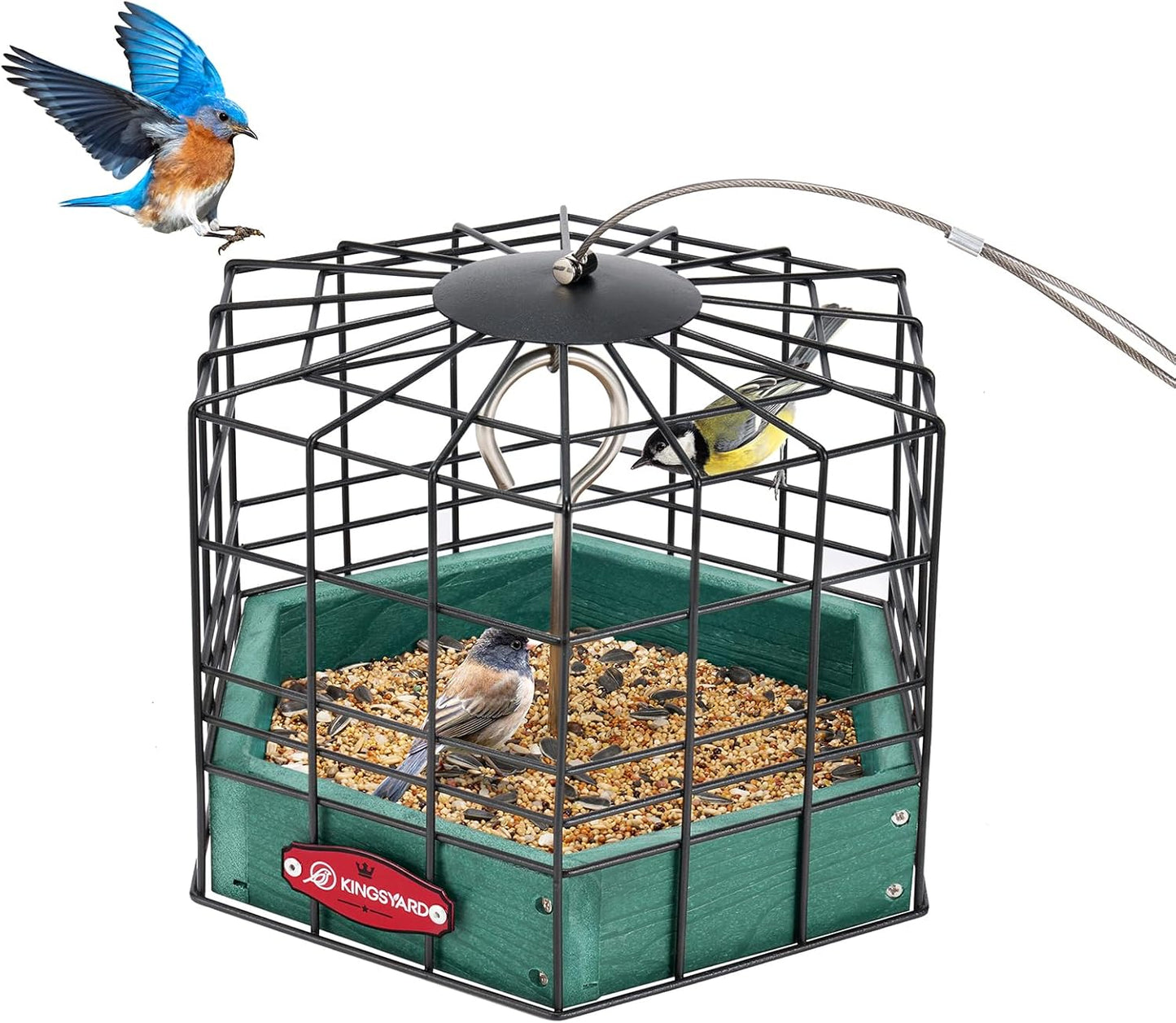 Kingsyard Squirrel Proof Platform Bird Feeders for Outdoor Hanging, Caged Bird Feeder for Small Wildbirds, Recycled Plastic Feeding Platform with Metal Seed Tray, Green