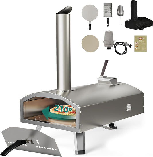 YTIAHOME Multi-Fuel Outdoor Pizza Oven with Rotating, 12" Wood and Gas Fired Pizza Oven with Built-in Thermometer, Dual Fuel Pizza Maker with Peel, Stone, Carry Cover, Recipes for Backyard Camp