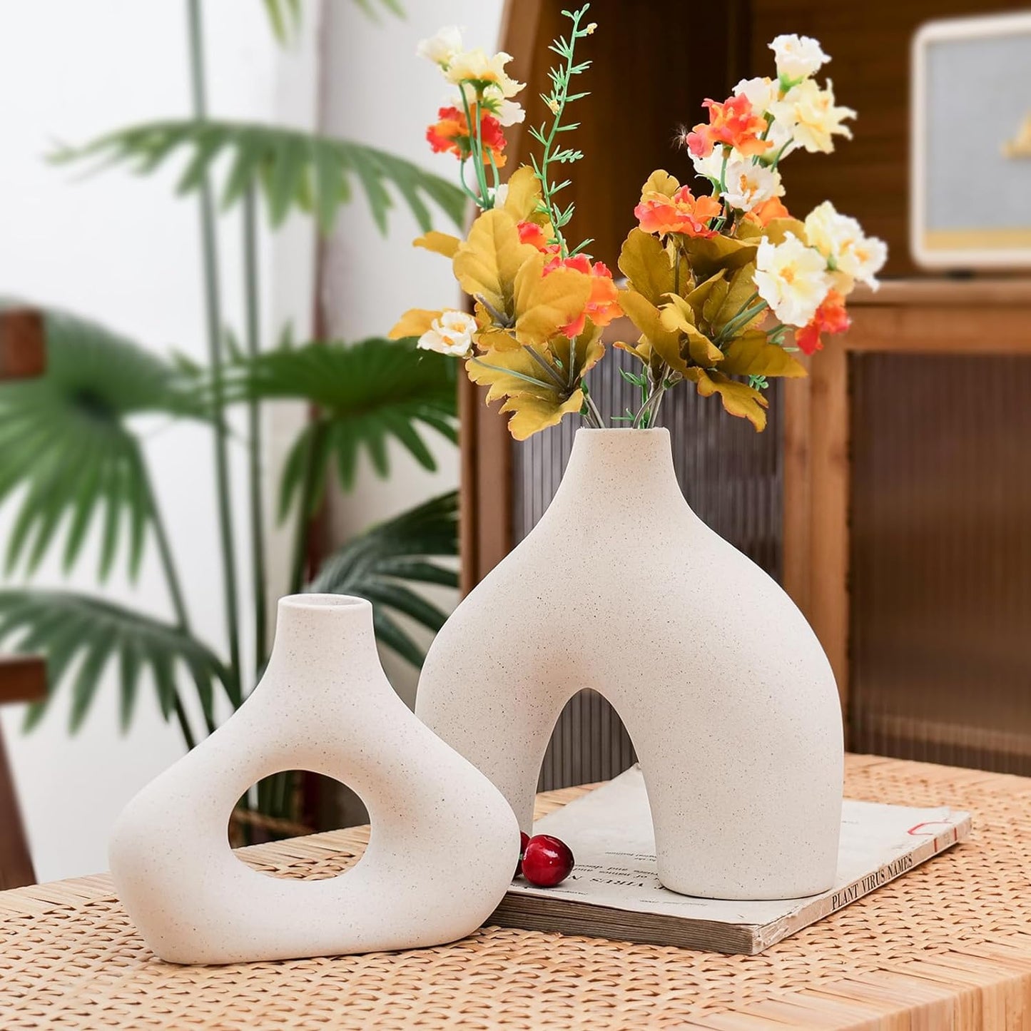 CEMABT Beige Ceramic Vase Set of 2 for Modern Minimalist Bohemian Decor，Round Matte Donut Vases for Pampas Grass-Perfect for Living Room, Dining Table, Office Bedroom Shelf Decor Entryway, Console…