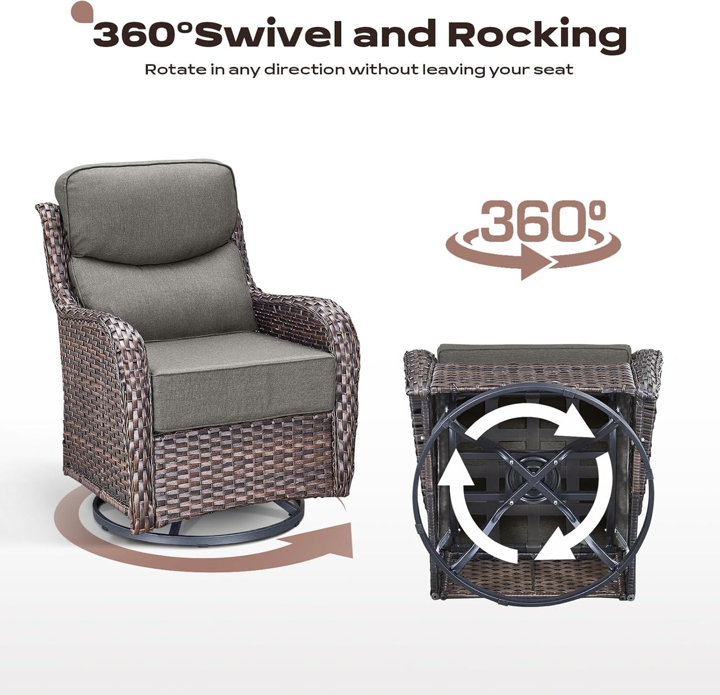 Outdoor Patio Swivel Rocker Chairs Set of 2, Waterproof Wicker, High Back, Deep Seating, Wide Armrest, Upgraded 6 inch Thick Cushions, Ideal for Deck Porch Backyard, Brown/Grey