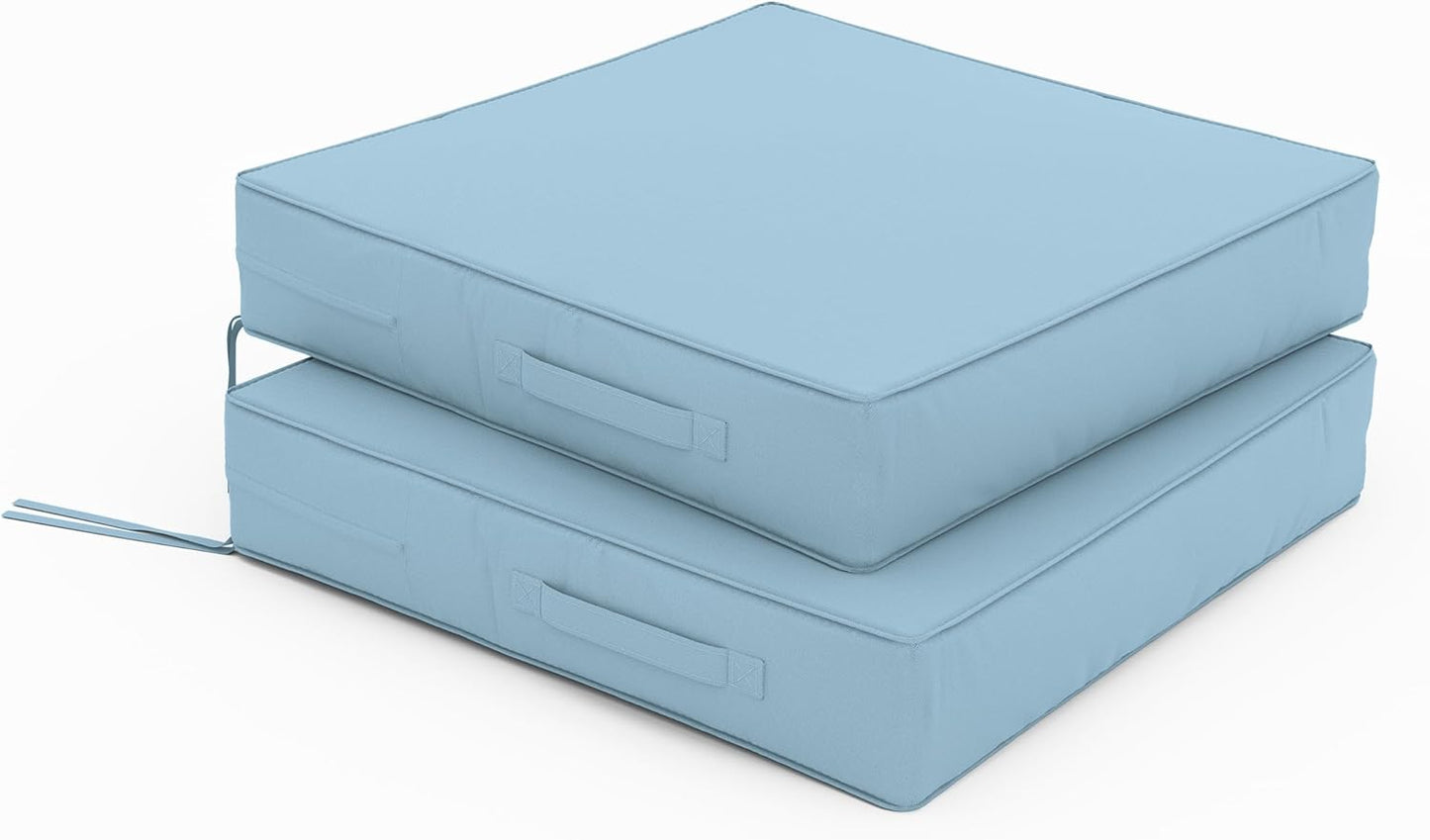 Patio Chair Cushions 22 X 22 X 4 Inch Waterproof Outdoor Seat Cushions for Patio Furniture, Outdoor Sofa Couch Pads with Ties & Handle, Set of 2, Light Blue