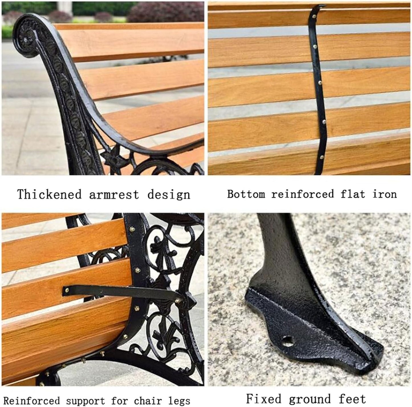 Outdoor Solid Wood Garden Park Bench for 2-3 People, Weatherproof Patio Lawn Bench Porch Seat with Cast Iron Frame, Porch/Deck/Patio Furniture Bench with Backrest and Armrests(Teak+Black Chair Legs,15
