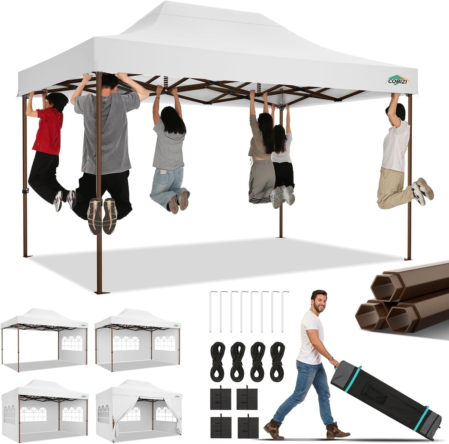 COBIZI 10x15 Pop Up Canopy Tent Heavy Duty with Sidewall, Commercial Outdoor Easy Pop Up Gazebo for Party Wedding All Weather Waterproof UV 50+ with Roller Bag(Leg Upgraded),White