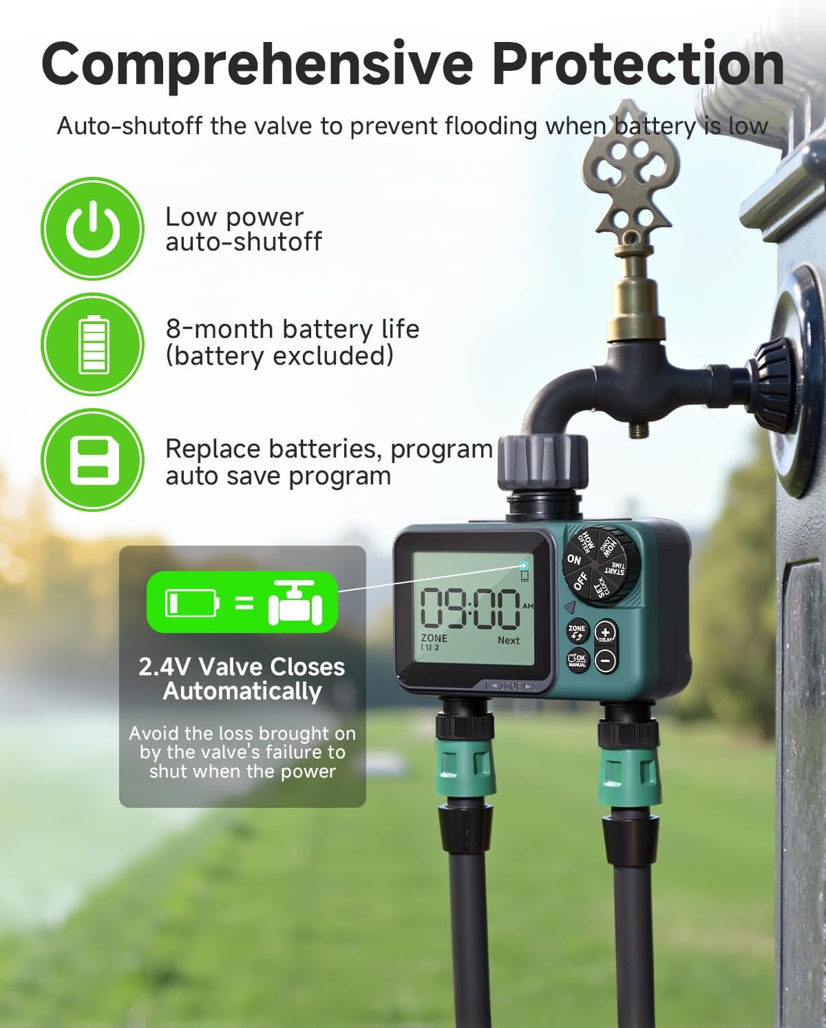 Sprinkler Timer 2 Zone, Programmable Water Timer for Garden Hose with Rain Delay, Manual and Automatic Irrigation Controller System, Waterproof Water Hose Timers for Yard, Lawn, Pool