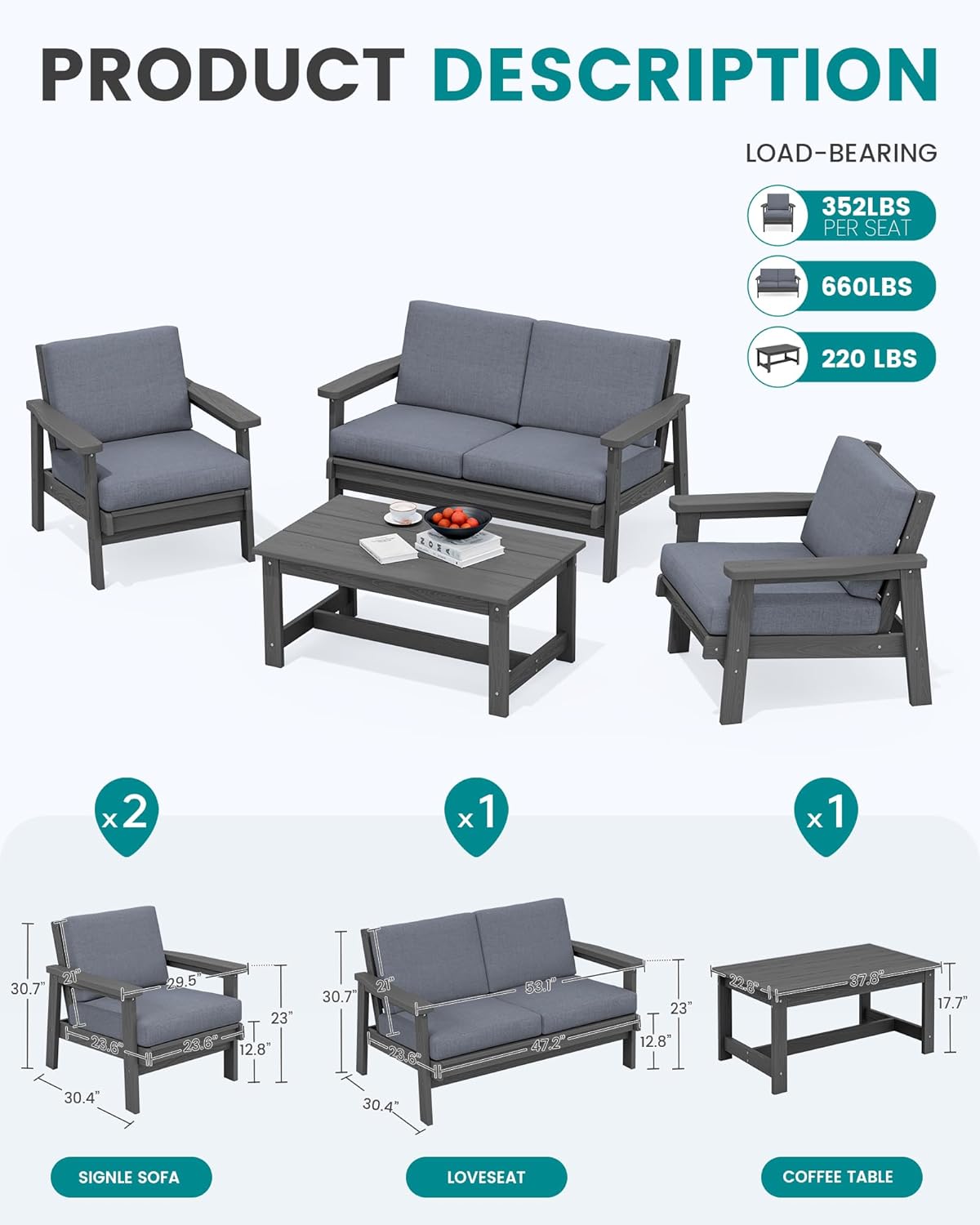 SERWALL HDPE Patio Furniture Set with 15FT Double Side Patio Umbrella, All Weather Wood-Like Outdoor Sofa Sectional Couch, Grey Patio Furniture with Grey Cushions