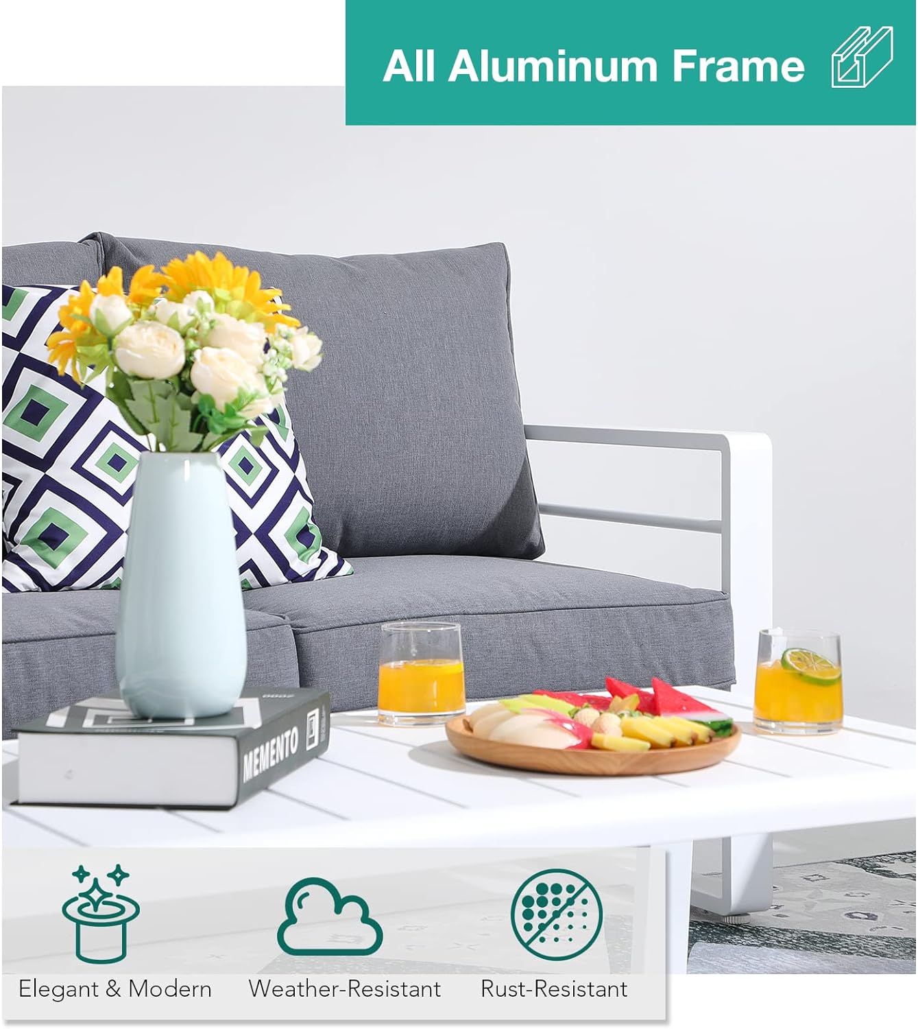 Patiorama Aluminum Patio Furniture Set, Outdoor Patio 3-Seater Sofa, 3 Seats Couch, All Weather White Metal Chair with Olefin Cushion, Deep Seating, 800 lbs Capacity, Deck, Garden-Grey Cushion