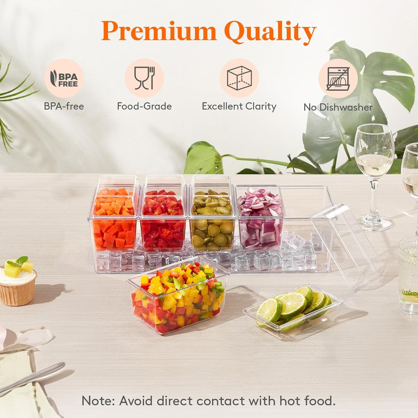 Lifewit 3 Pack Ice Chilled Condiment Caddy with 5 Containers(2.5 cup), Condiment Server with Separate Lids, Serving Tray Platter for Bar Accessories, Fruit, Salad, Taco, Party Garnish