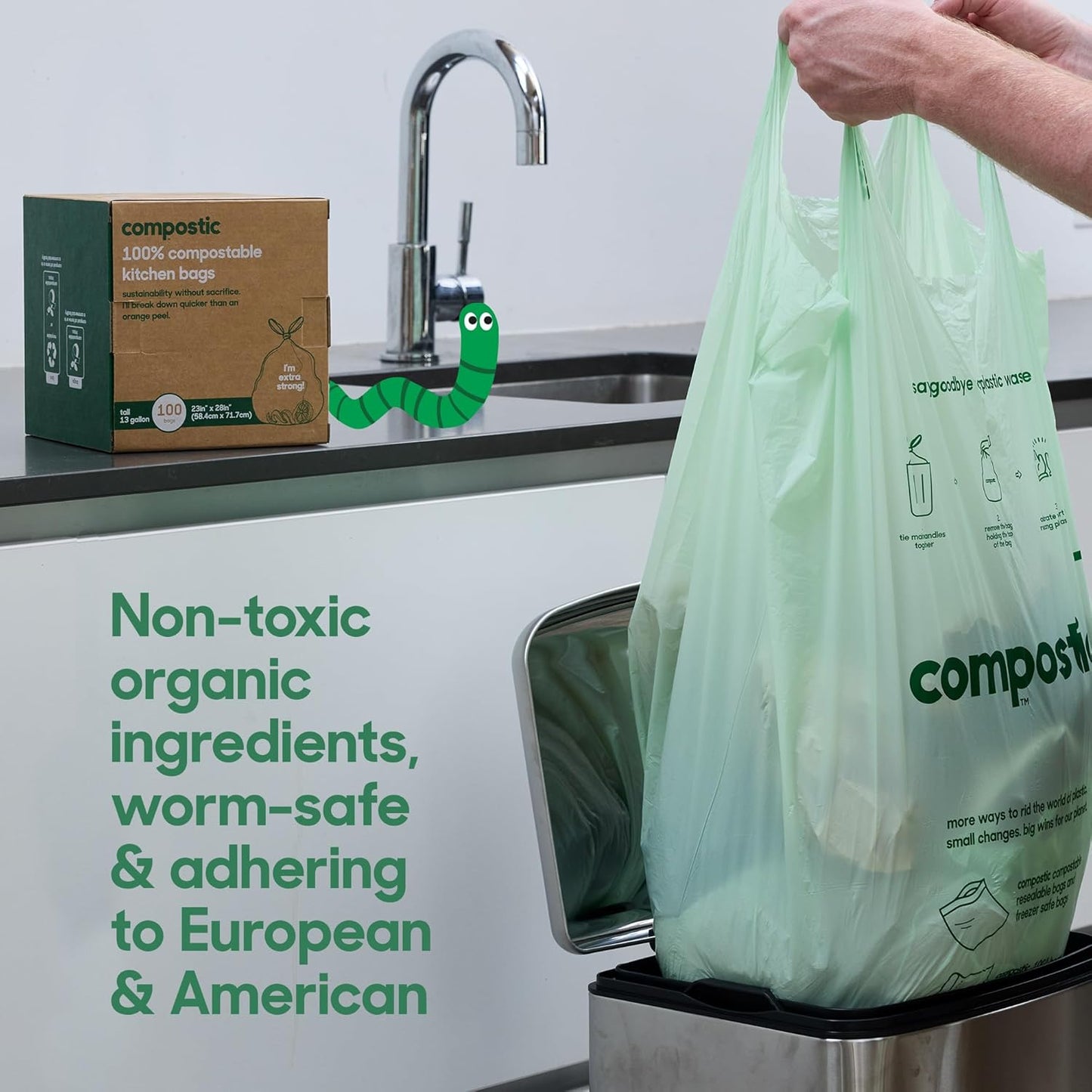 Home Compostable Trash Bags, 3 Gallon Small Kitchen Rubbish Bags (17” x 17.7”), Extra Strong & Quickly Breaks Down, 100 Count
