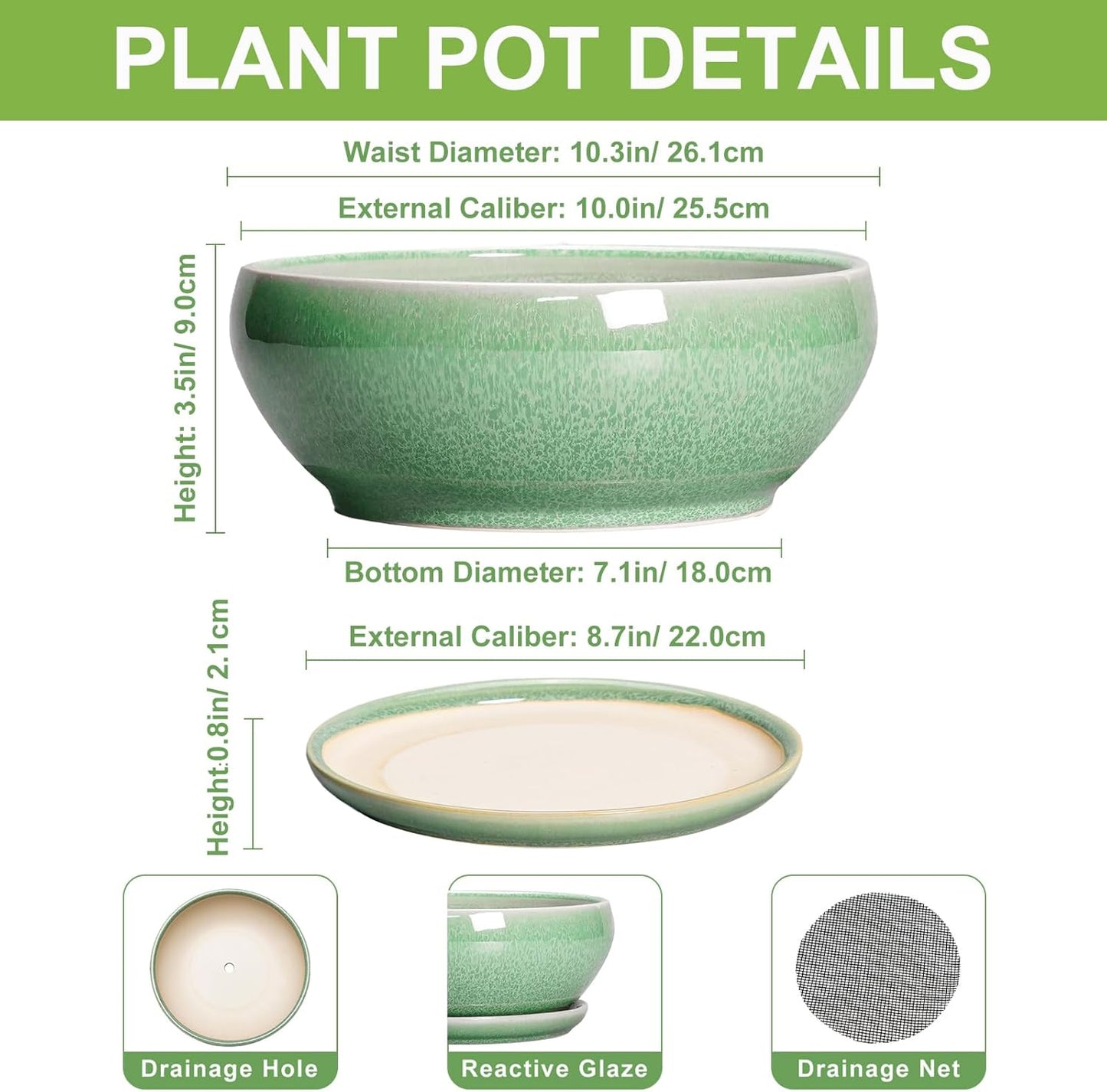 SQOWL Bonsai Pots - 10 Inch Ceramic Succulent Pots with Drainage Hole and Saucer, Shallow Planter for Indoor Plants Flowers, Round Planter Bowl, Living Room Decor, Plant Lover Gifts, Green