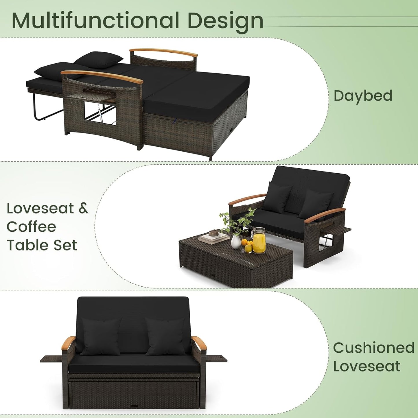 Tangkula Patio Rattan Daybed Set with Cushioned Loveseat and Storage Ottoman, Outdoor Double Chaise Lounger with 4-Level Adjustable Backrest and Retractable Side Trays for Backyard (Black)