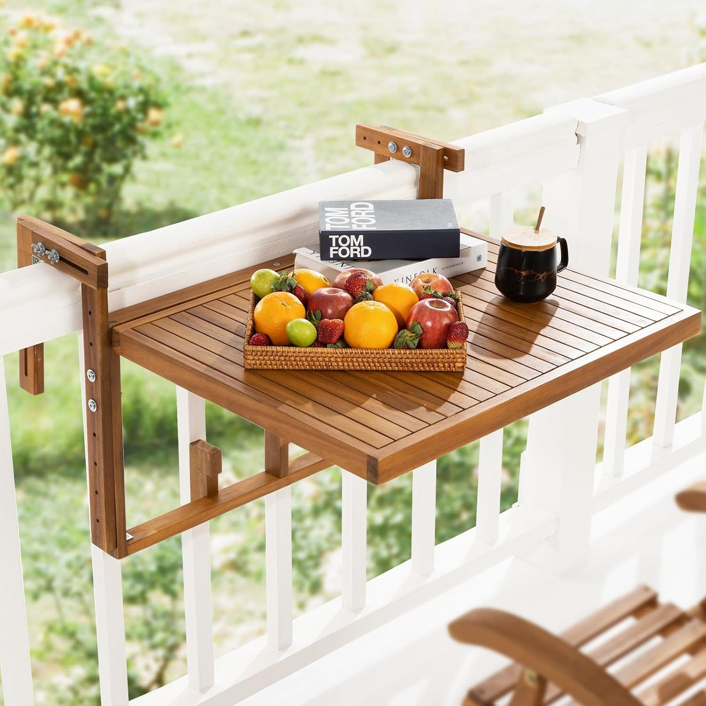 Idzo FSC Acacia Wood Folding Balcony Bar Table for Railings, Adjustable Height & Width, Teak Brush Finish Durable Against Weather, Ideal Spacious Dimension of 27 9/16 x 21 5/8 Inch, Rectangular Design