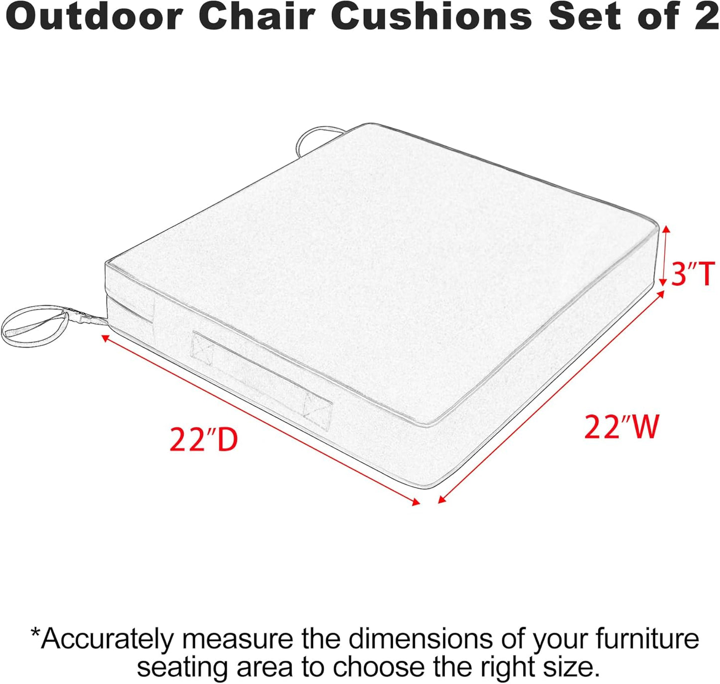 Favoyard Patio Chair Cushions 22 x 22 x 3 Inch Waterproof Outdoor Seat Cushions for Patio Furniture 3-Year Color Fastness Garden Sofa Couch Pads with Handle & Adjustable Straps Set of 2, Blue