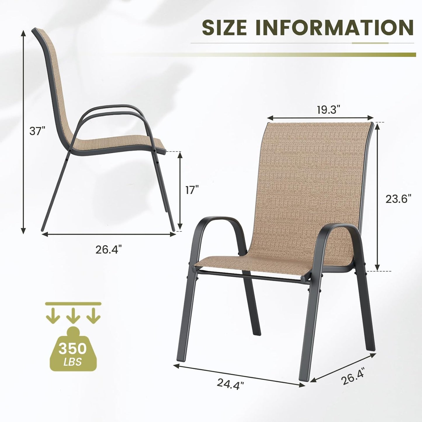 UDPATIO Patio Chairs Set of 2, Stackable Outdoor Dining Chairs with High Back, Breathable Textilene Fabric Outdoor Chair All Weather, 350LBS Capacity for Garden, Backyard (Brown)