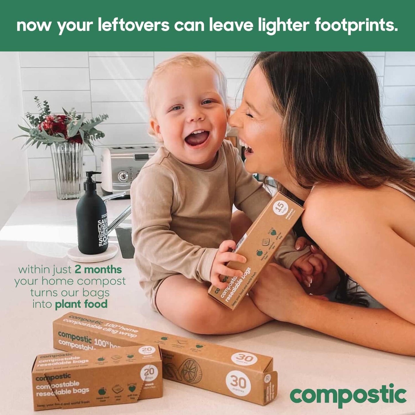 Home Compostable Resealable Gallon Bags (10.5"x10.5"), Microwave & Freezer Safe, Organic Food Storage Container, 30 Count (Pack of 2)